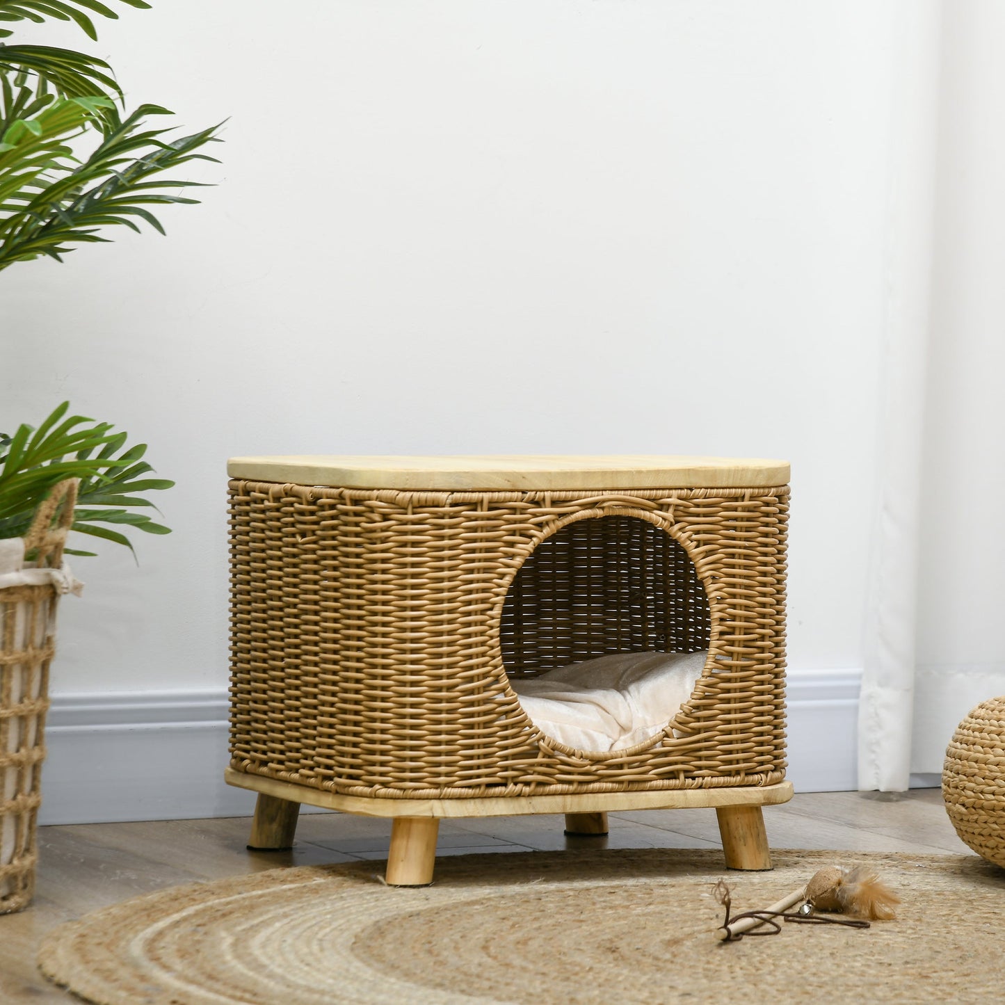 Wicker Cat House, Elevated Design Rattan Cat Bed Basket with Washable Soft Cushion, Door Hole, for Indoor Cats Kittens, Light Brown