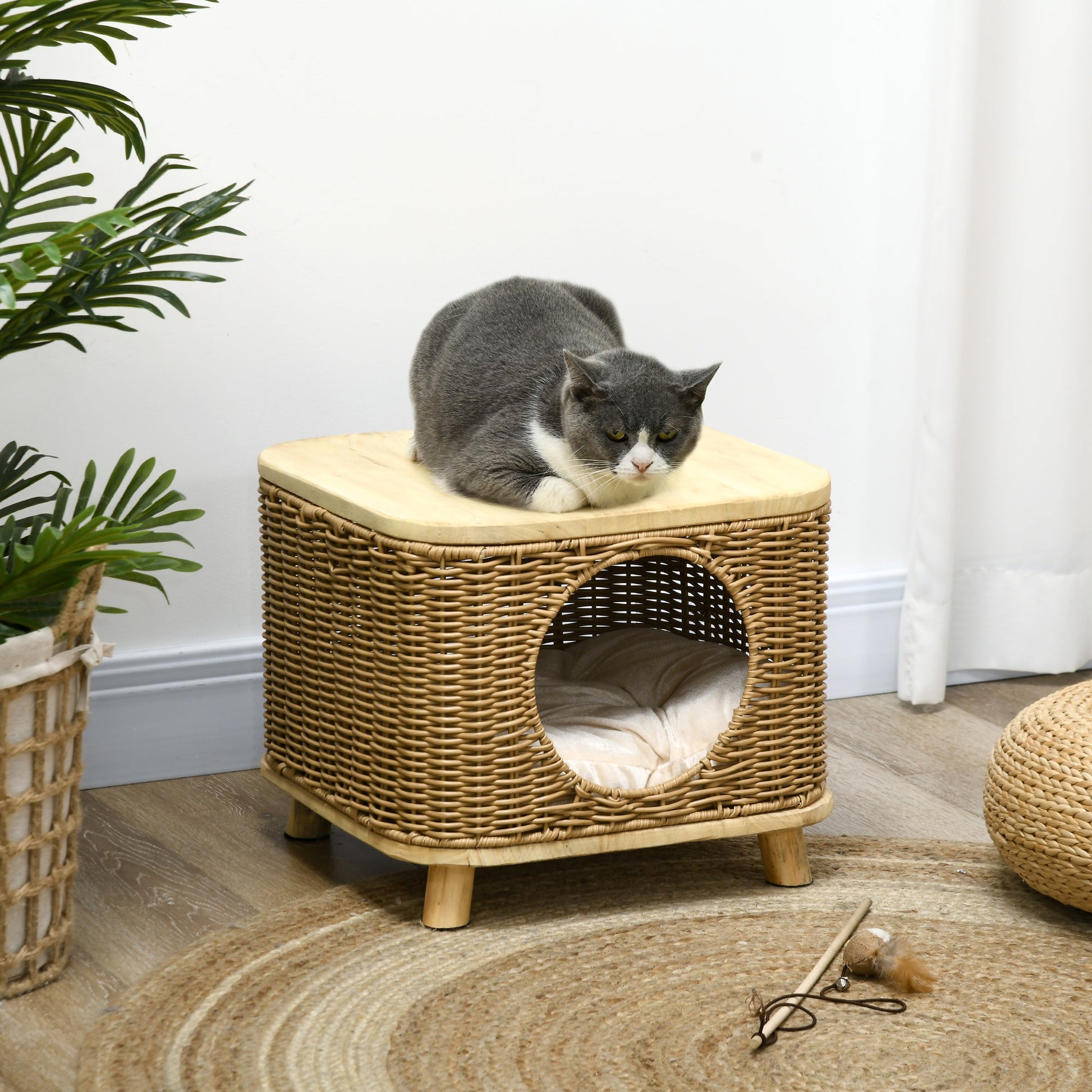 Wicker Cat House, Elevated Design Rattan Cat Bed Basket with Washable Soft Cushion, Door Hole, for Indoor Cats Kittens, Light Brown