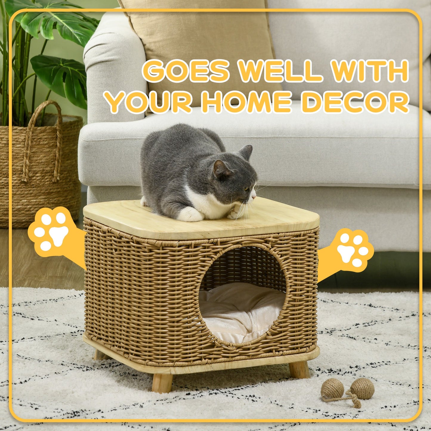 Wicker Cat House, Elevated Design Rattan Cat Bed Basket with Washable Soft Cushion, Door Hole, for Indoor Cats Kittens, Light Brown