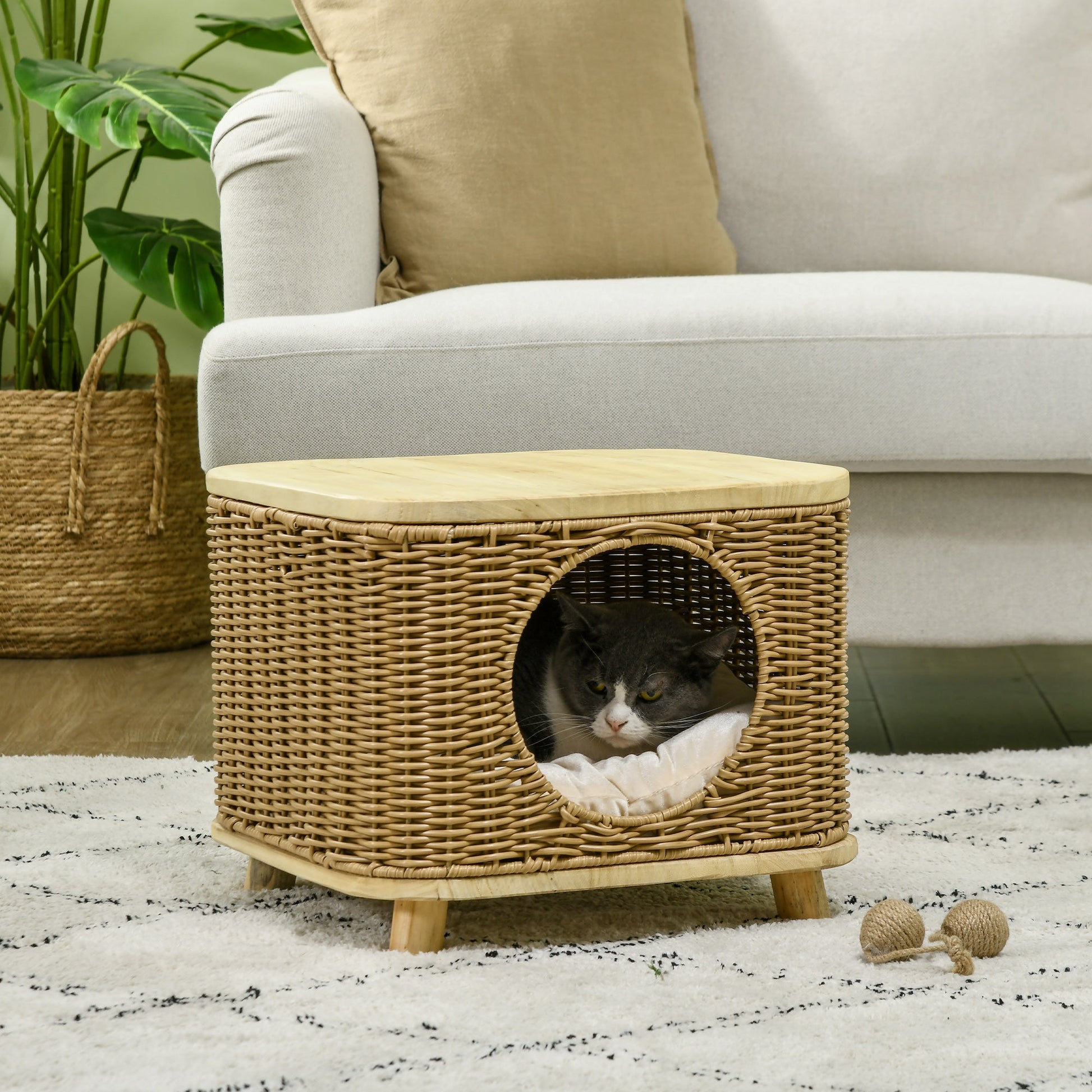 Wicker Cat House, Elevated Design Rattan Cat Bed Basket with Washable Soft Cushion, Door Hole, for Indoor Cats Kittens, Light Brown