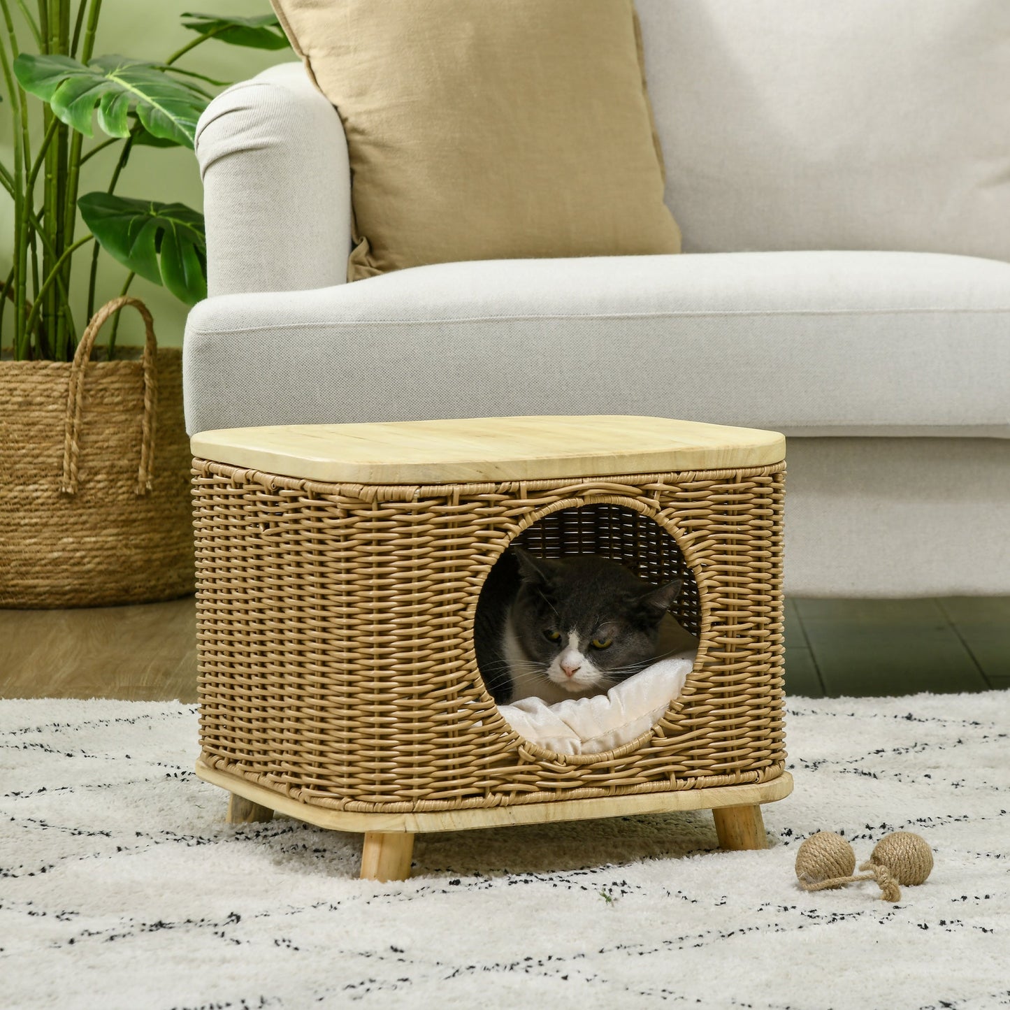 Wicker Cat House, Elevated Design Rattan Cat Bed Basket with Washable Soft Cushion, Door Hole, for Indoor Cats Kittens, Light Brown