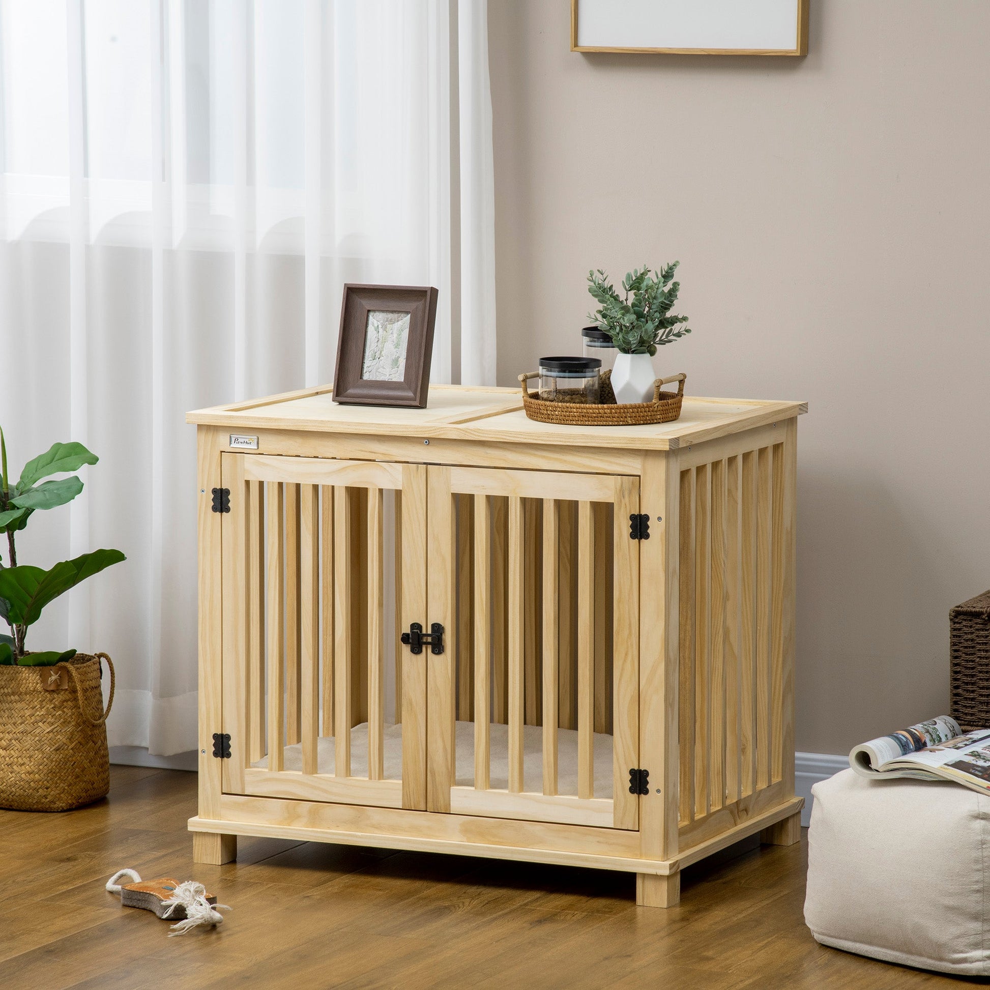 Wooden Dog Crate End Table w/ Double Doors, Furniture Style Dog Crate for Medium Dogs, Indoor Use w/ Soft Washable Cushion