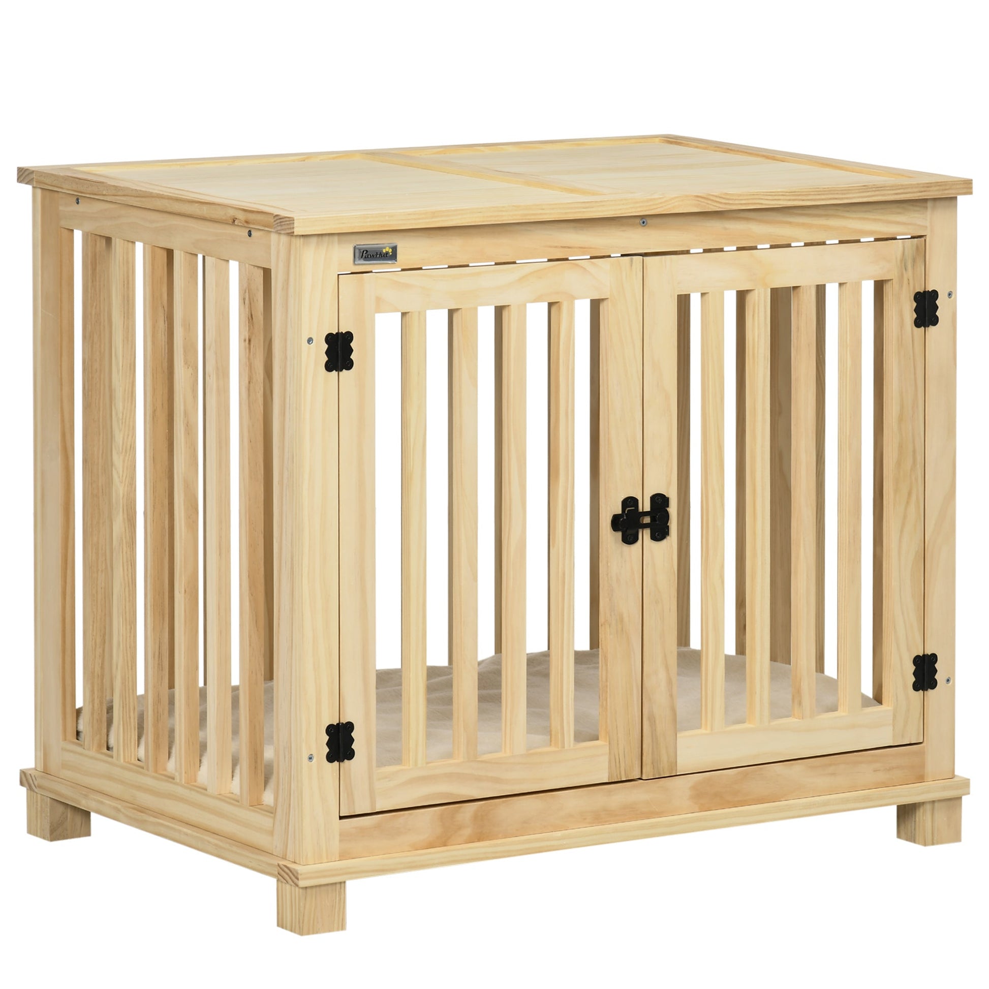 Wooden Dog Crate End Table w/ Double Doors, Furniture Style Dog Crate for Medium Dogs, Indoor Use w/ Soft Washable Cushion