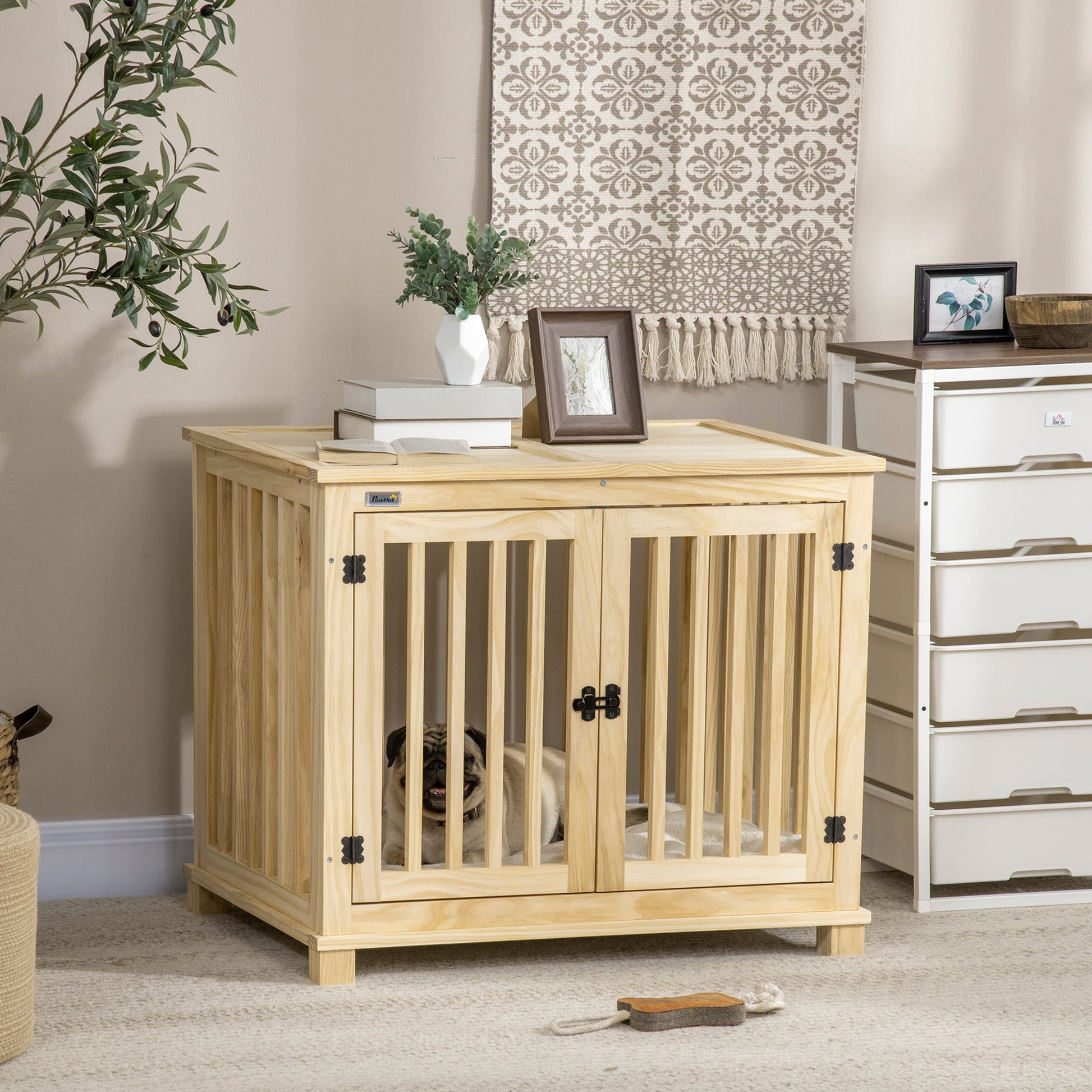 Wooden Dog Crate End Table w/ Double Doors, Furniture Style Dog Crate for Medium Dogs, Indoor Use w/ Soft Washable Cushion