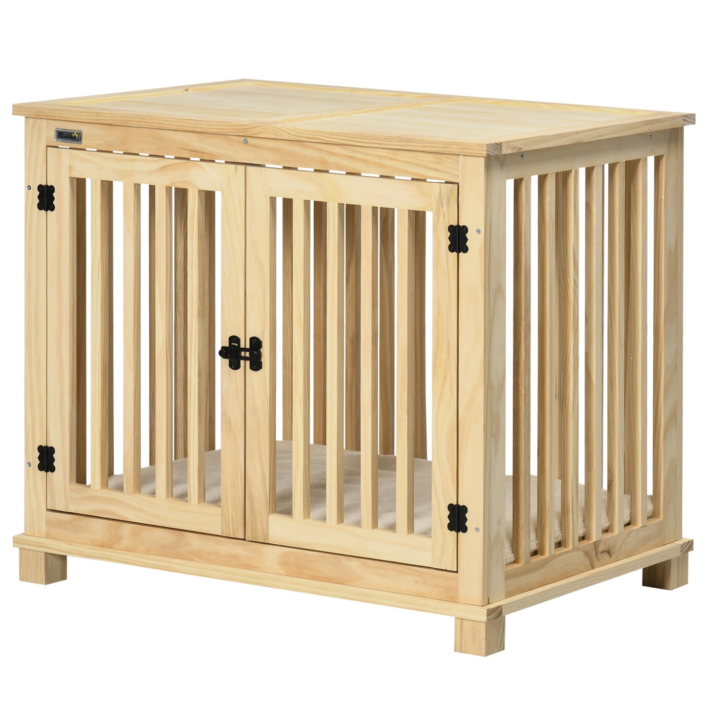 Wooden Dog Crate End Table w/ Double Doors, Furniture Style Dog Crate for Medium Dogs, Indoor Use w/ Soft Washable Cushion
