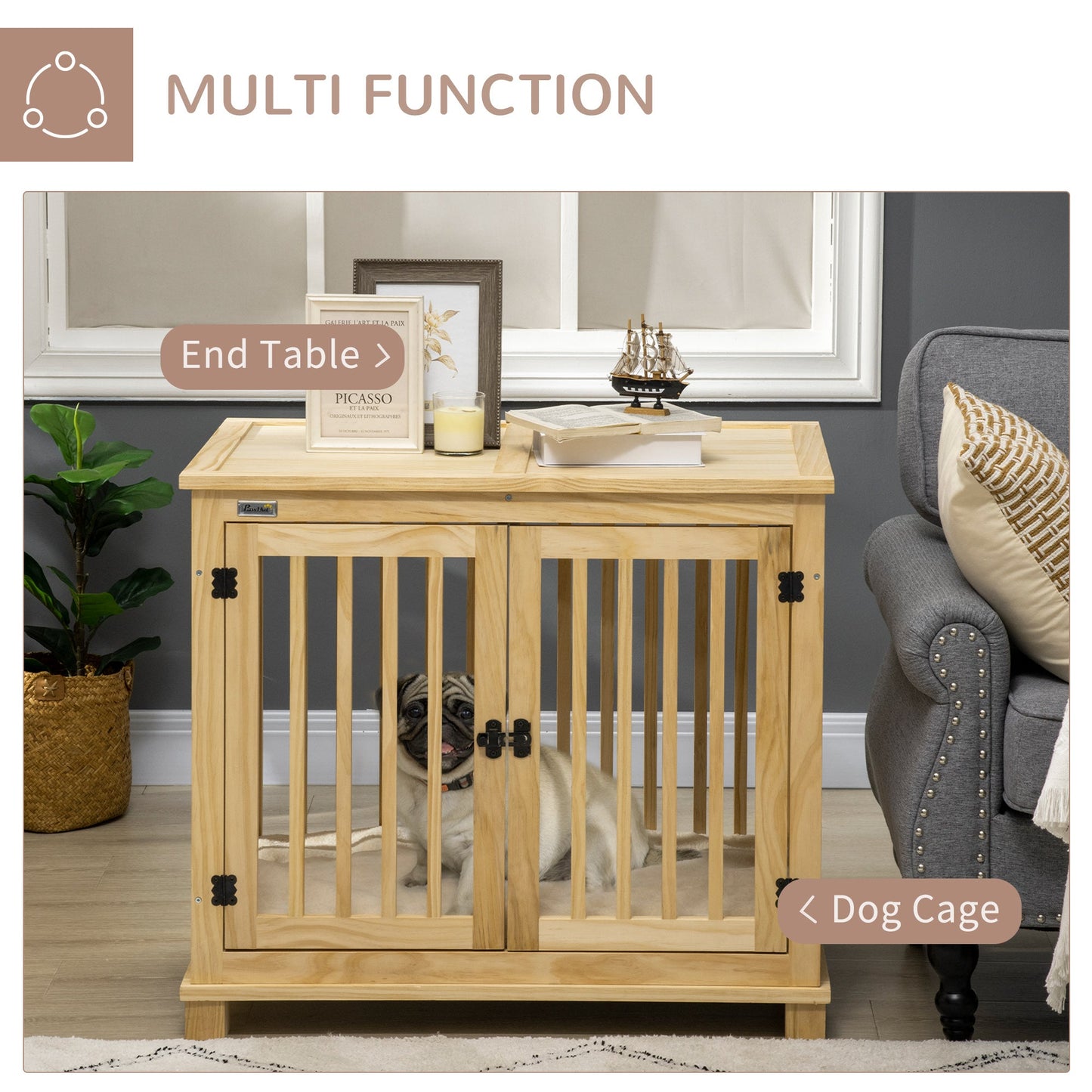 Wooden Dog Crate End Table w/ Double Doors, Furniture Style Dog Crate for Medium Dogs, Indoor Use w/ Soft Washable Cushion