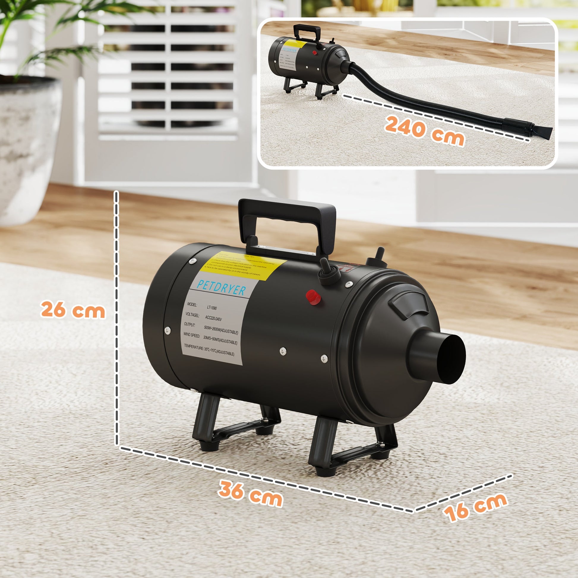 Dog Hair Dryer, 2200W Pet Grooming Hair Dryer with Adjustable Temperature & Velocity, Professional Low Noise Dog Blaster with 3 Different Nozzles, Black