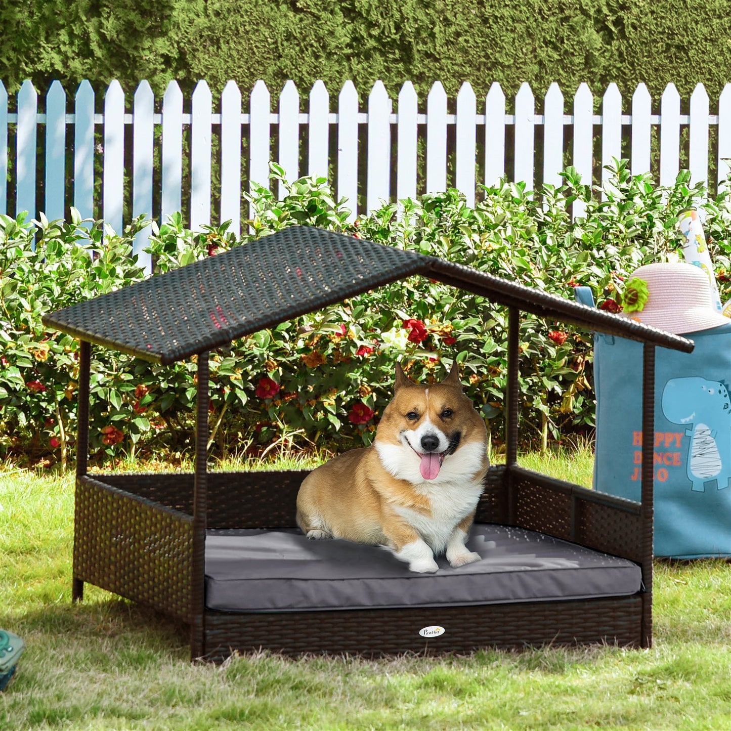 Wicker Dog Bed, Elevated Rattan Dog House with Removable Cushion and Canopy, for Small and Medium Dogs, 98 x 69 x 70cm - Grey