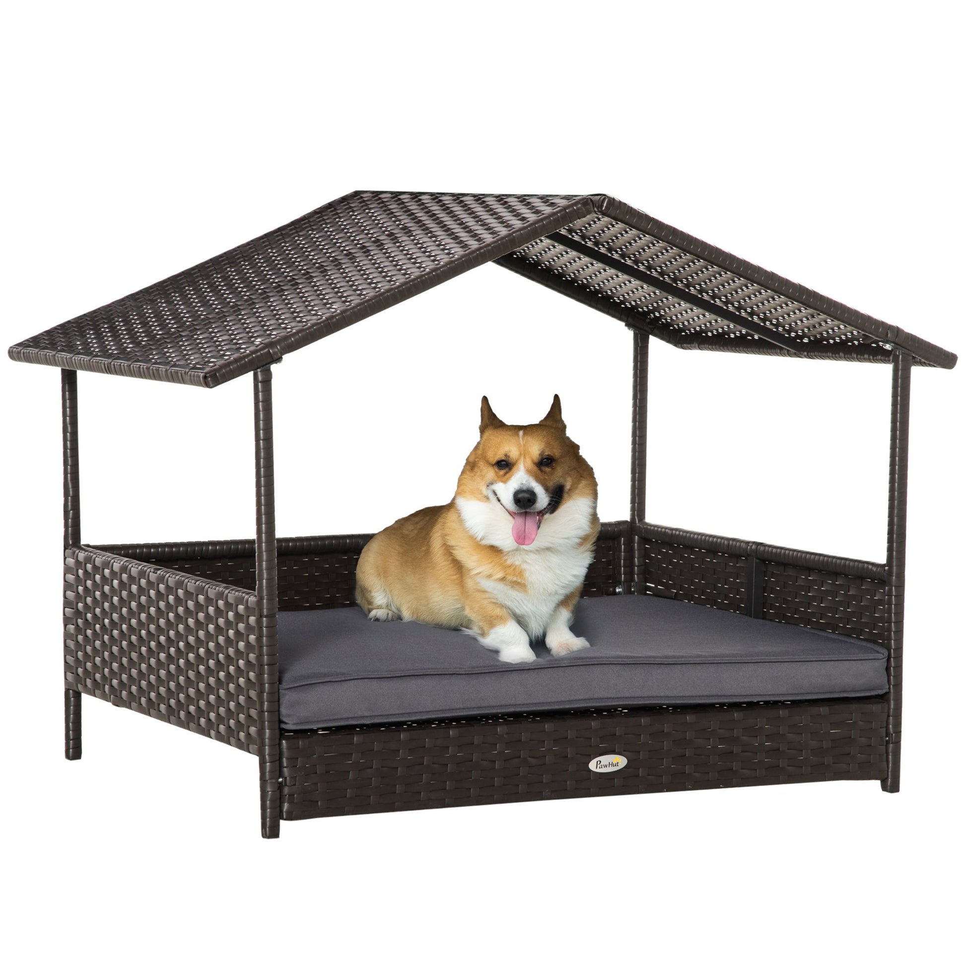 Wicker Dog Bed, Elevated Rattan Dog House with Removable Cushion and Canopy, for Small and Medium Dogs, 98 x 69 x 70cm - Grey