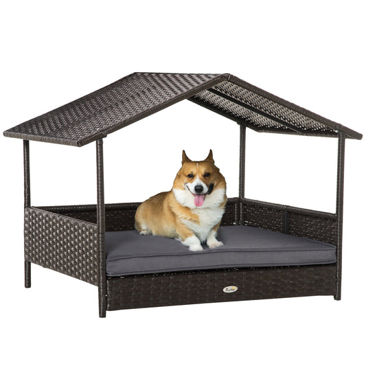 Wicker Dog Bed, Elevated Rattan Dog House with Removable Cushion and Canopy, for Small and Medium Dogs, 98 x 69 x 70cm - Grey