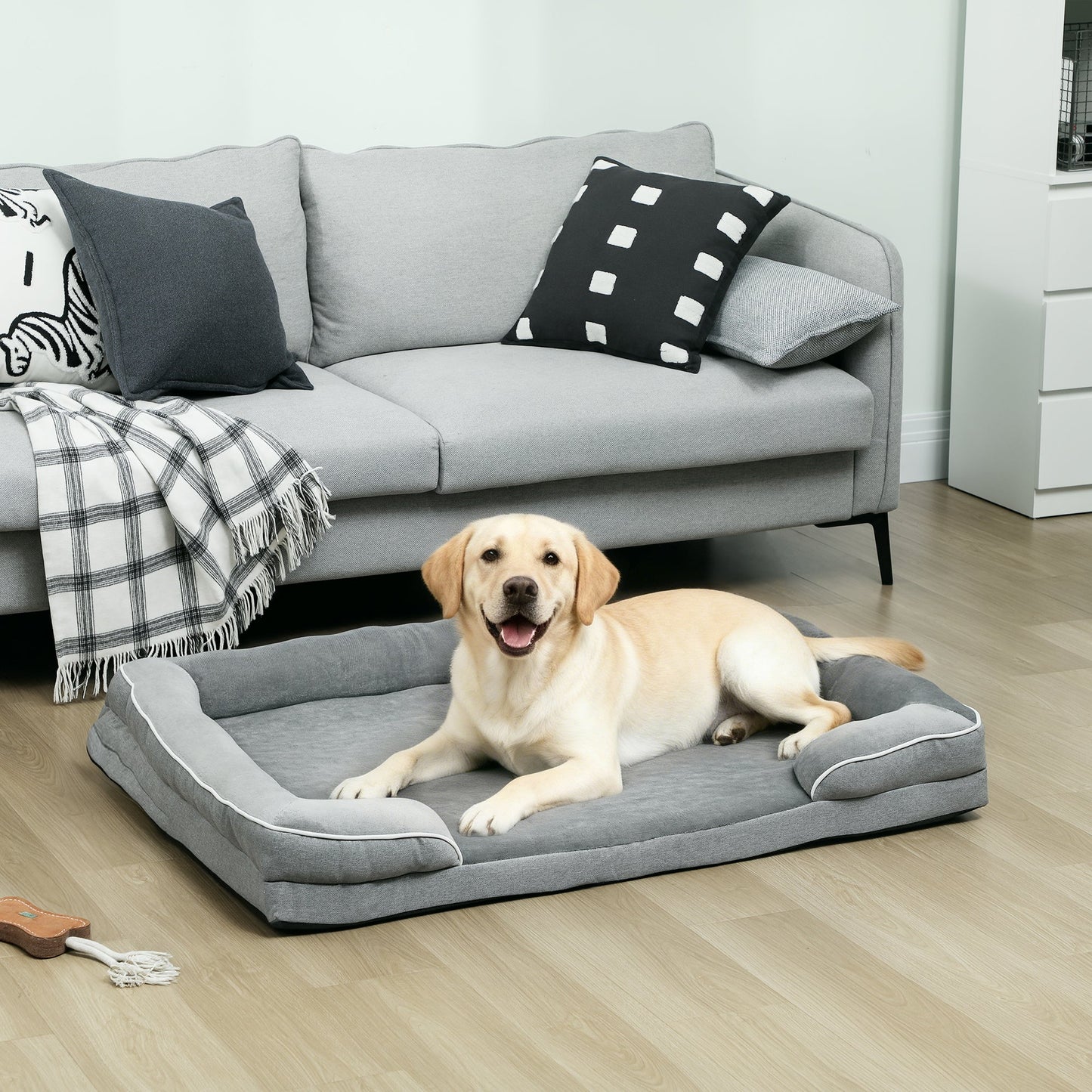 Memory Foam Dog Bed Sofa, Washable Orthopedic Dog Bed Couch with Removable Flannel Cover, 3-Sided Pet Pillow with U-Shape Bolster, Non-Slip Bottom, Grey, 112 x 80 x 16.5 cm