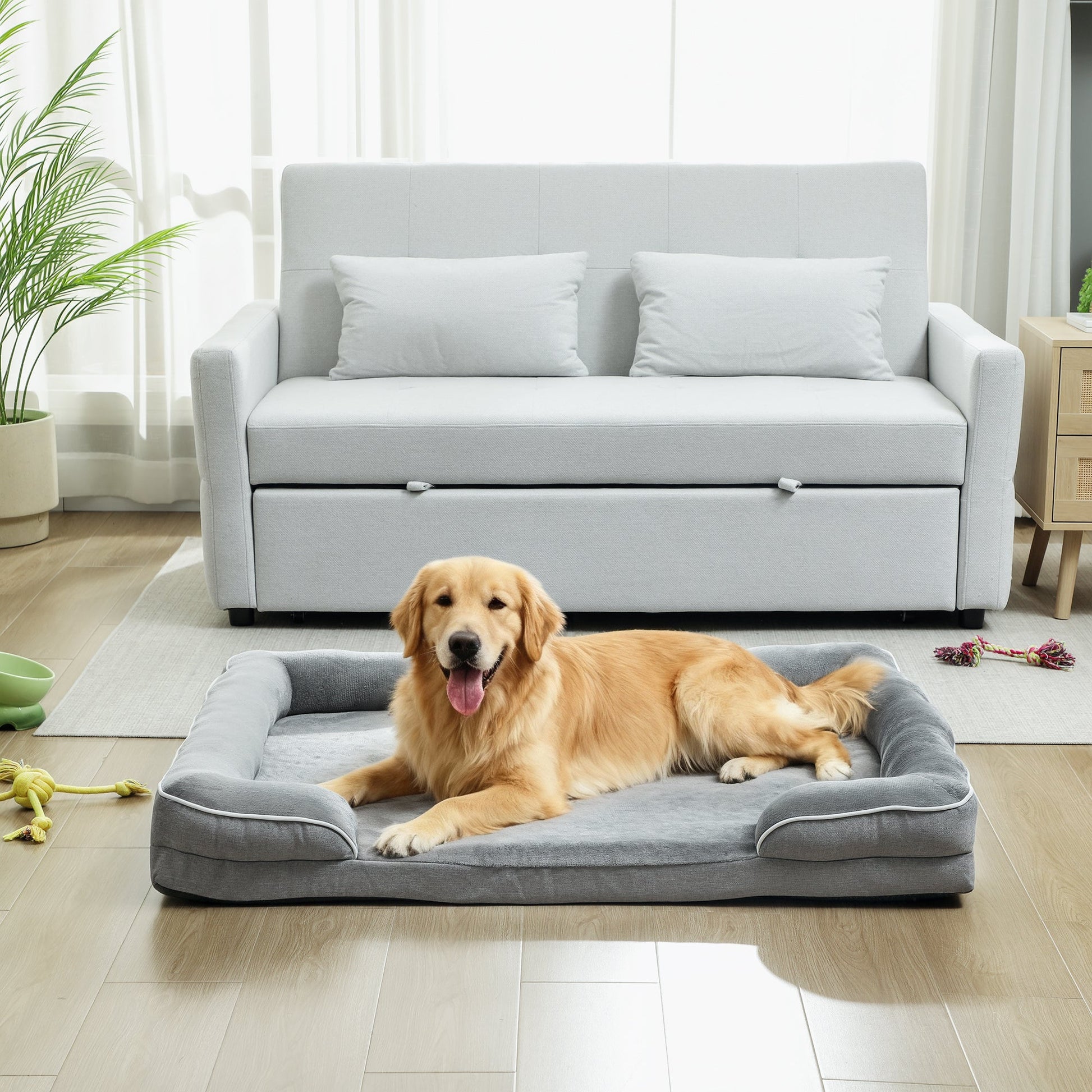 Memory Foam Dog Bed Sofa, Washable Orthopedic Dog Bed Couch with Removable Flannel Cover, 3-Sided Pet Pillow with U-Shape Bolster, Non-Slip Bottom, Grey, 112 x 80 x 16.5 cm