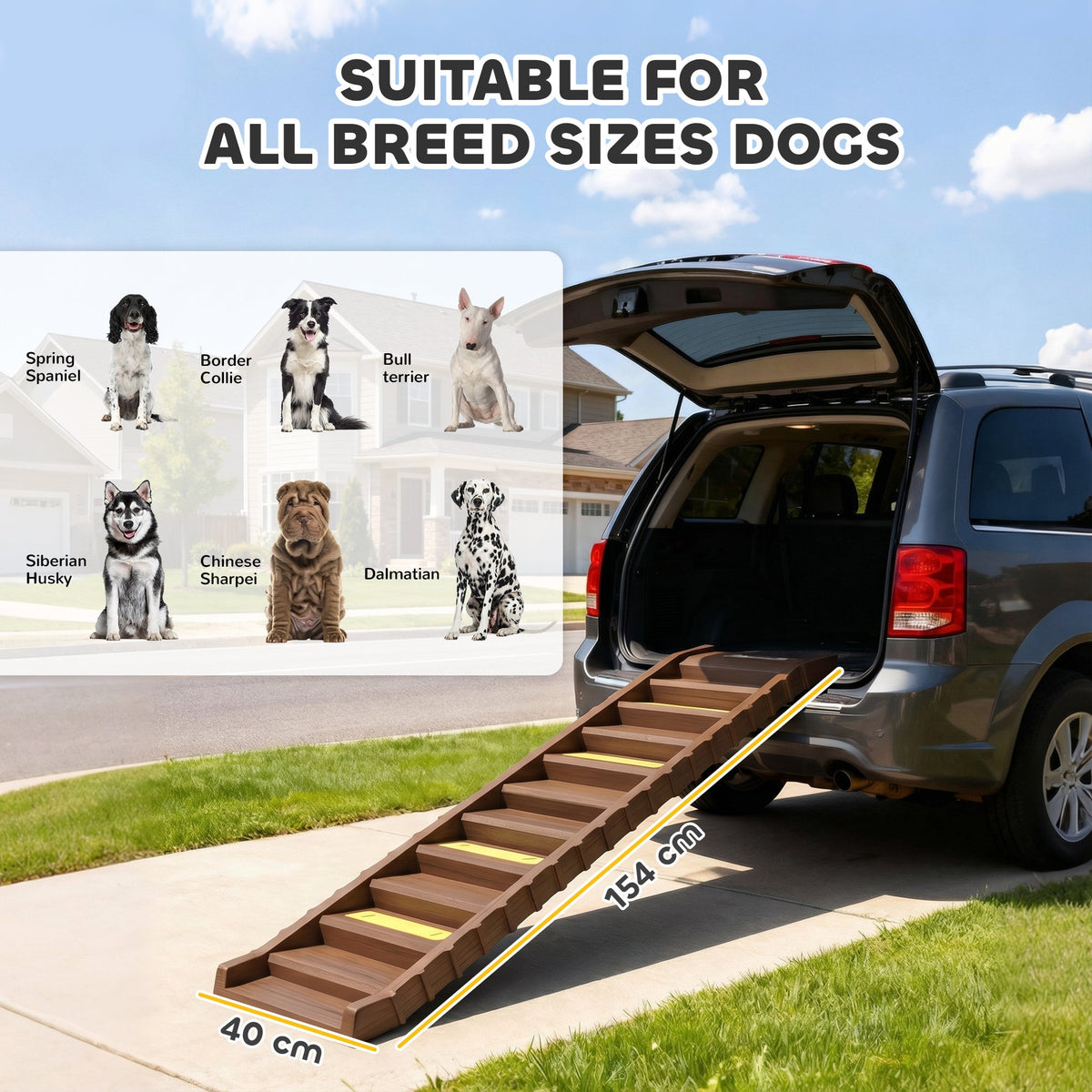 Foldable Dog Ramp for Cars High Bed, Portable 10-Step Dog Stairs with Non-Slip Strips & Pads, Lightweight Pet SUV Truck Steps, Support Up to 68 KG, Brown
