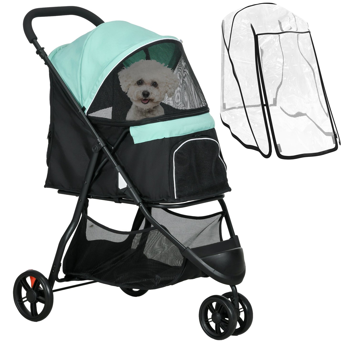 Dog Pram with Rain Cover Pet Stroller, Foldable Dog Pushchair for Small and Miniature Dogs, Cats - Green