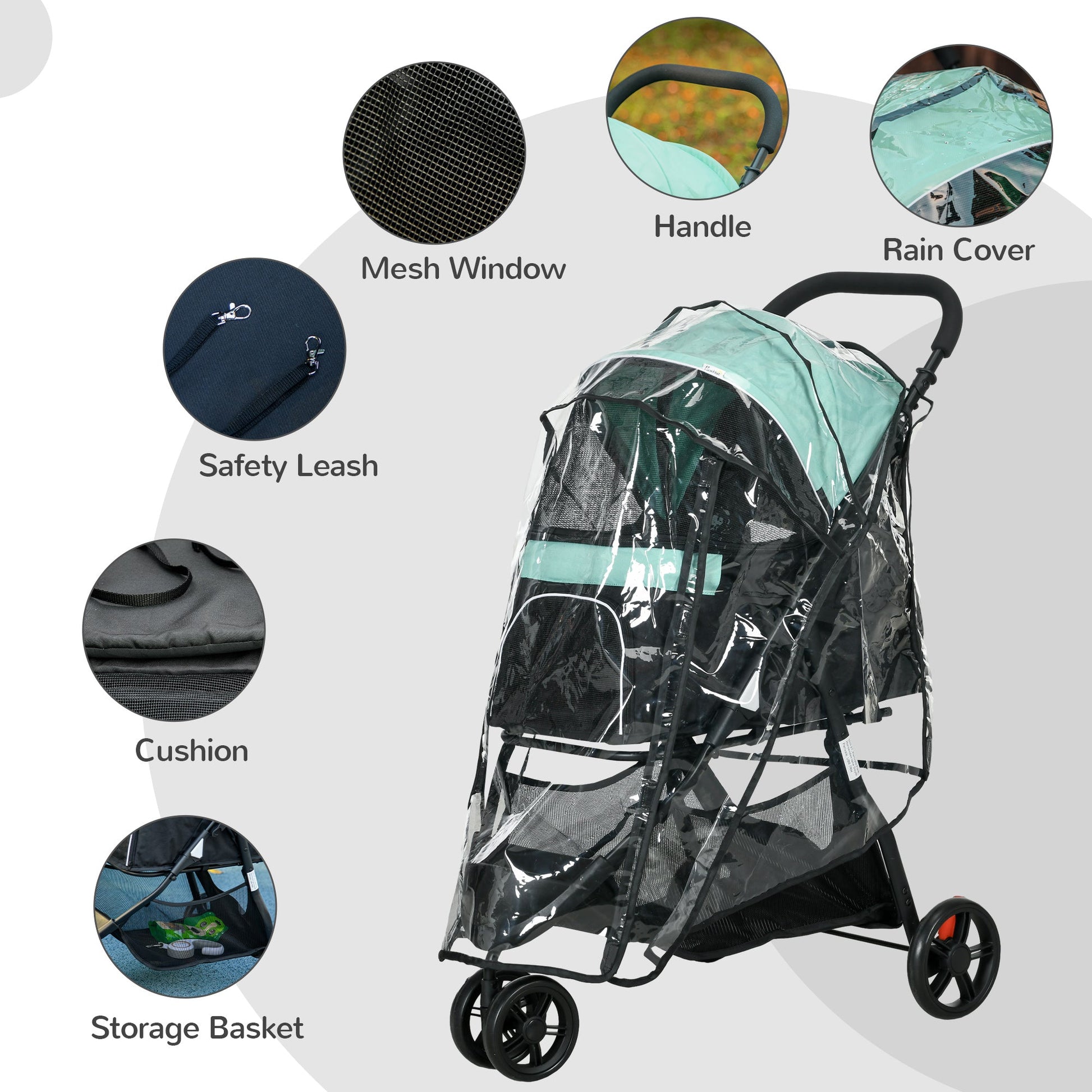 Dog Pram with Rain Cover Pet Stroller, Foldable Dog Pushchair for Small and Miniature Dogs, Cats - Green
