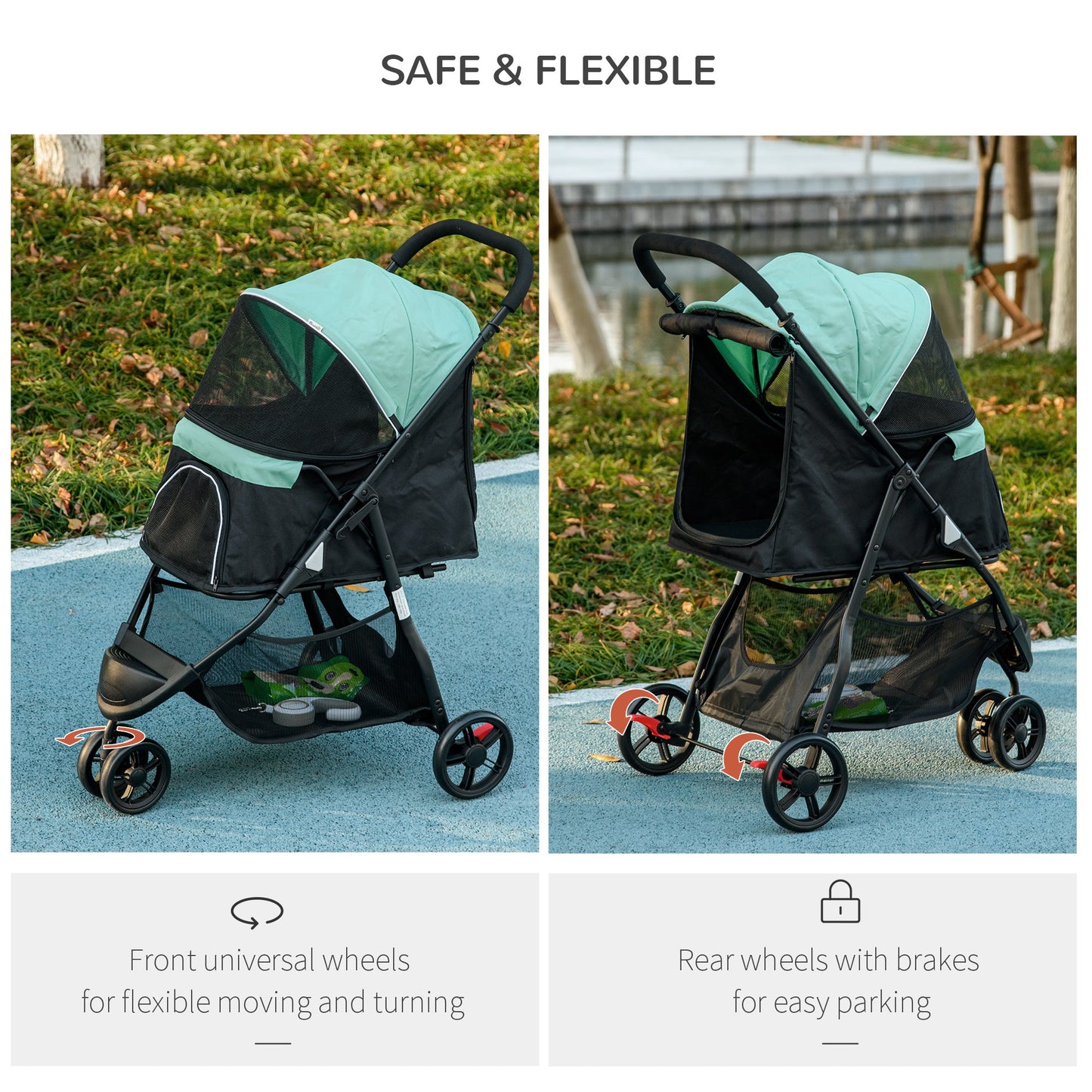 Dog Pram with Rain Cover Pet Stroller, Foldable Dog Pushchair for Small and Miniature Dogs, Cats - Green