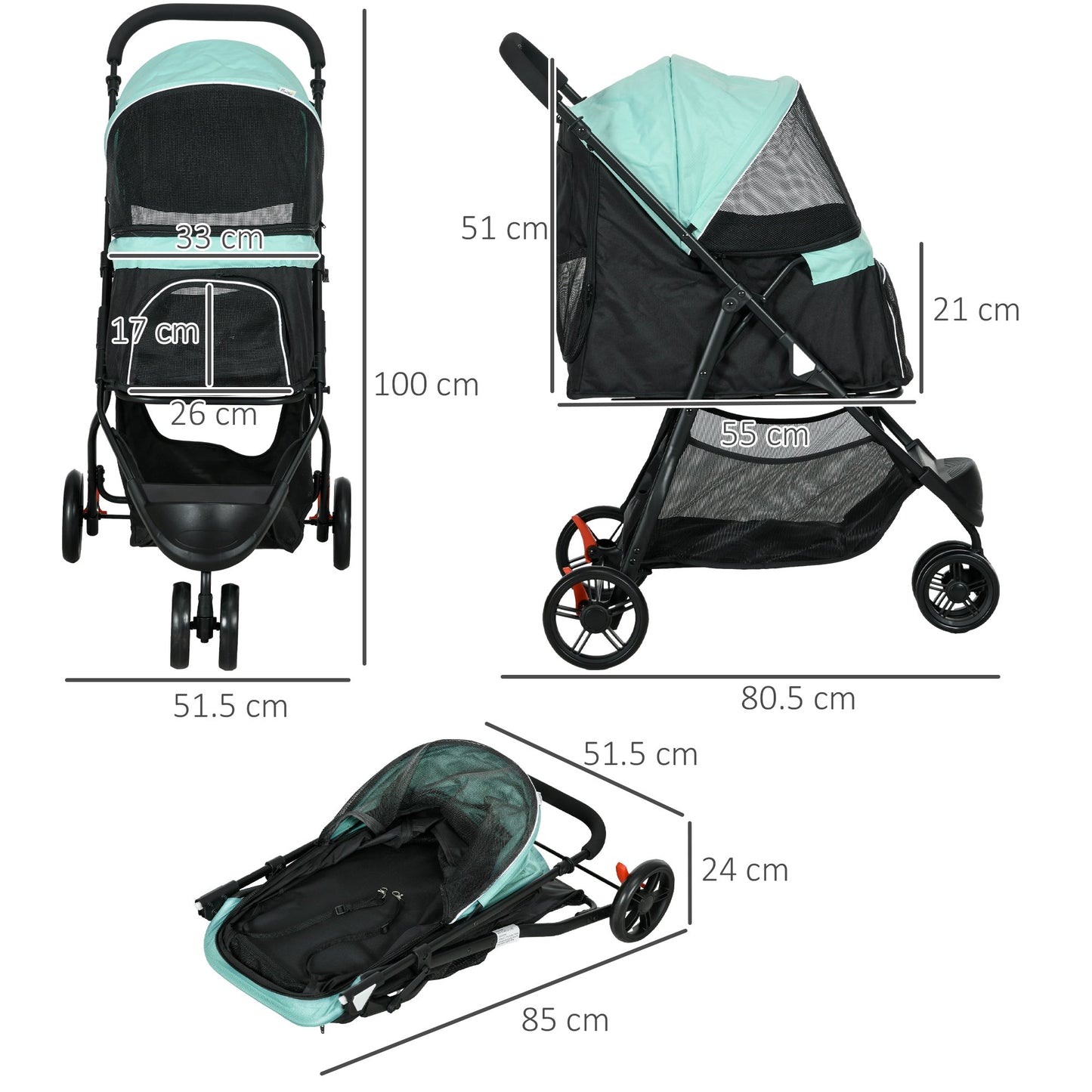 Dog Pram with Rain Cover Pet Stroller, Foldable Dog Pushchair for Small and Miniature Dogs, Cats - Green