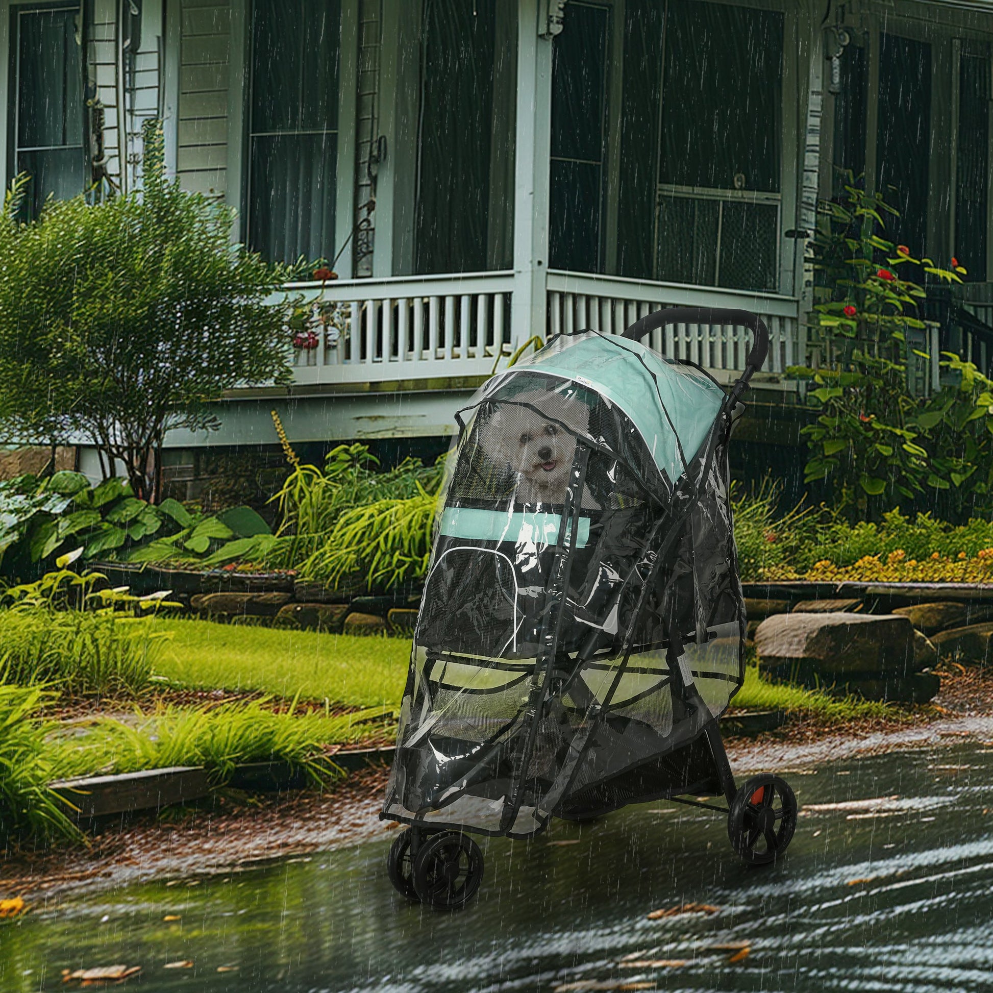 Dog Pram with Rain Cover Pet Stroller, Foldable Dog Pushchair for Small and Miniature Dogs, Cats - Green
