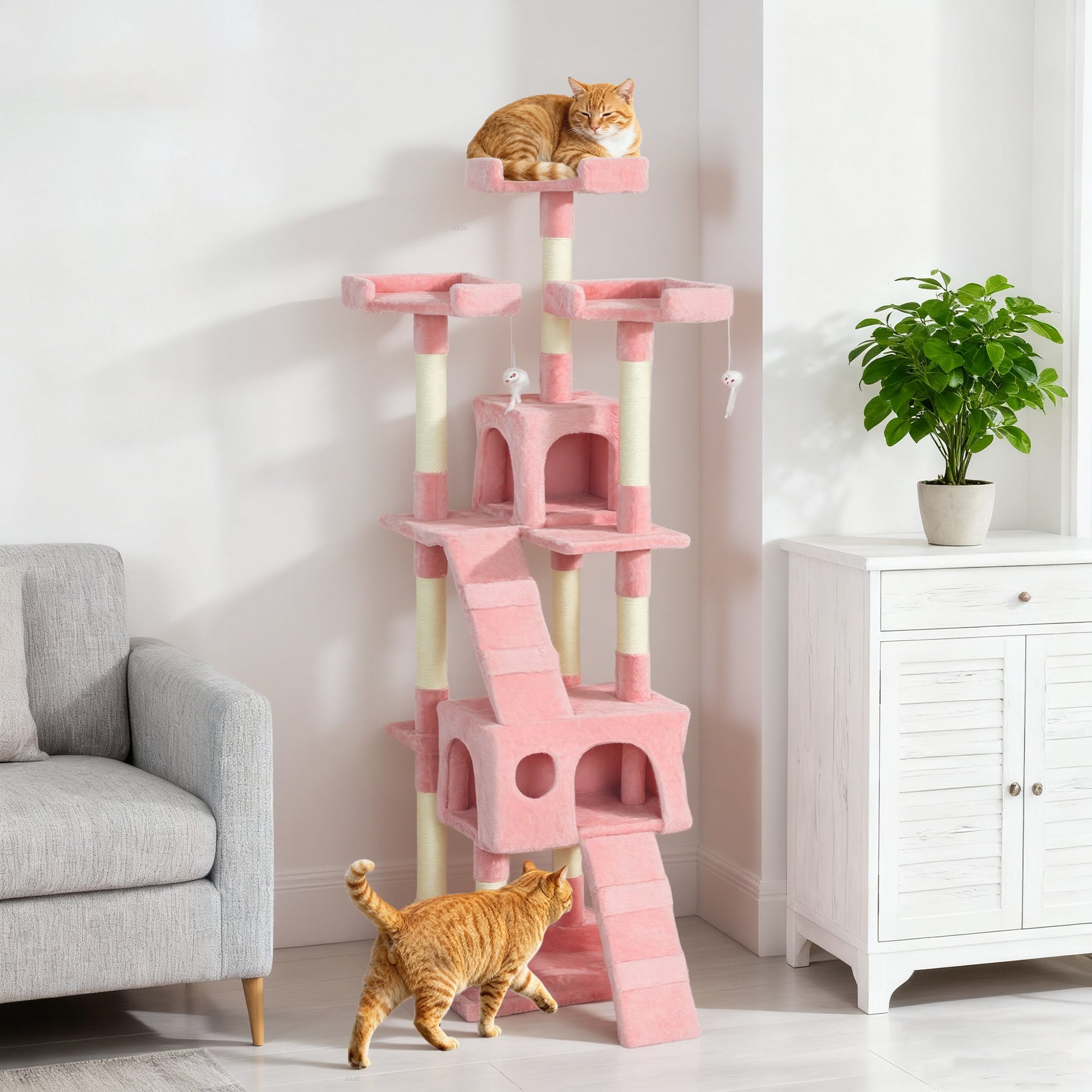Large Cat Tree, 173 cm Cat Tower with 10 Scratching Posts, 3 Perches, 2 Condos, 1 Ramp, Kitty Climbing Tower, Activity Centre House  for Indoor Kittens, Pink