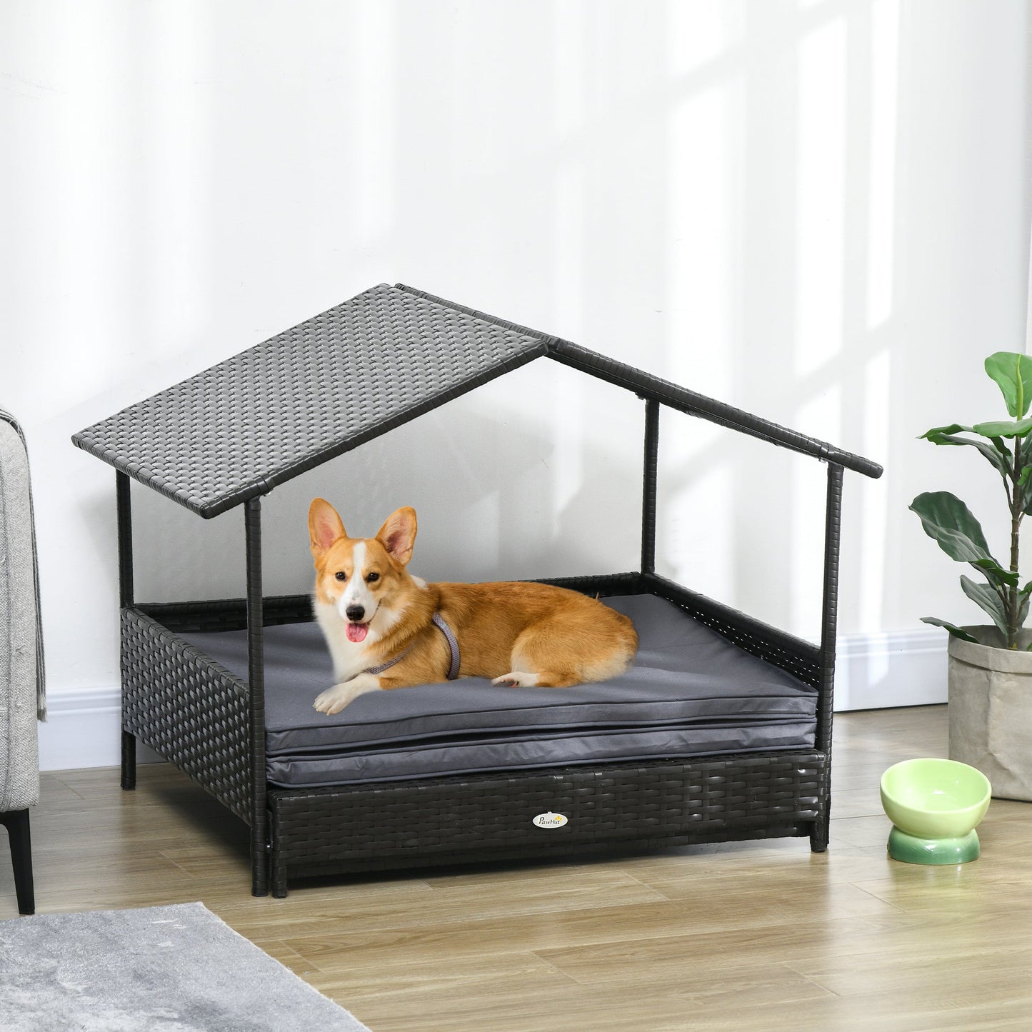 Rattan Dog House, Extendable Outdoor Wicker Dog Bed w/ Water-Resistant Roof, Removable Cushion, for Small and Medium Dogs - Grey