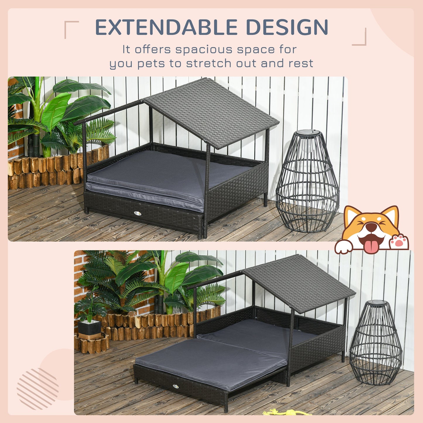 Rattan Dog House, Extendable Outdoor Wicker Dog Bed w/ Water-Resistant Roof, Removable Cushion, for Small and Medium Dogs - Grey