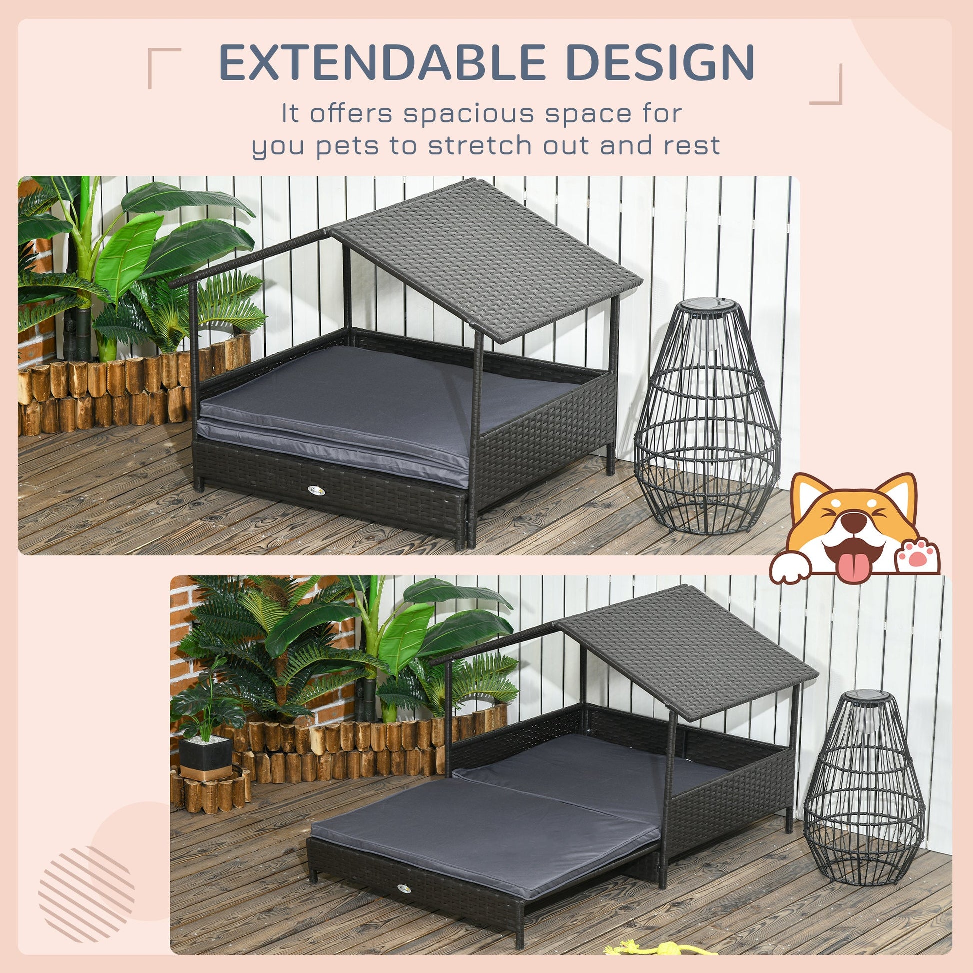 Rattan Dog House, Extendable Outdoor Wicker Dog Bed w/ Water-Resistant Roof, Removable Cushion, for Small and Medium Dogs - Grey