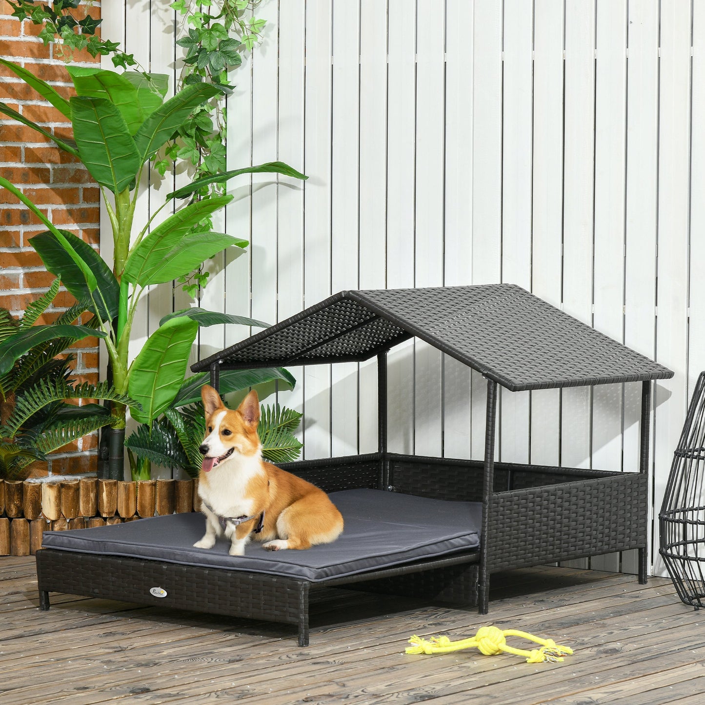Rattan Dog House, Extendable Outdoor Wicker Dog Bed w/ Water-Resistant Roof, Removable Cushion, for Small and Medium Dogs - Grey