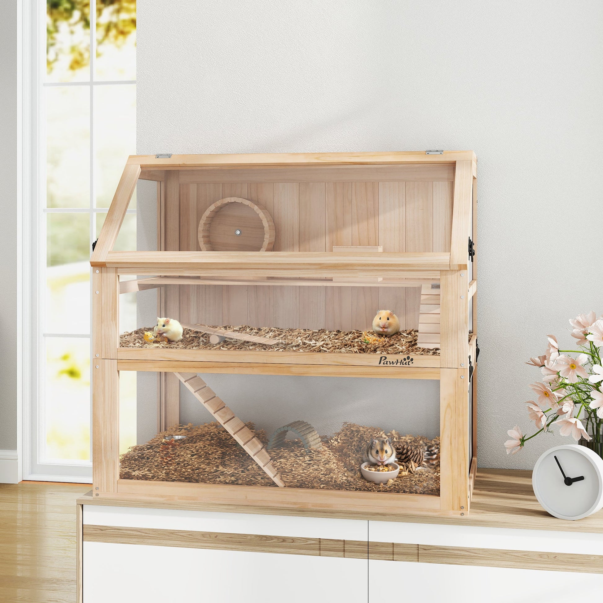 Wooden Hamster Cage, 3 Tier Small Gerbil Cage with Detachable 31cm Deep Bottom, Hut, Seesaw, Exercise Wheel, Ramps, Natural Wood Finish