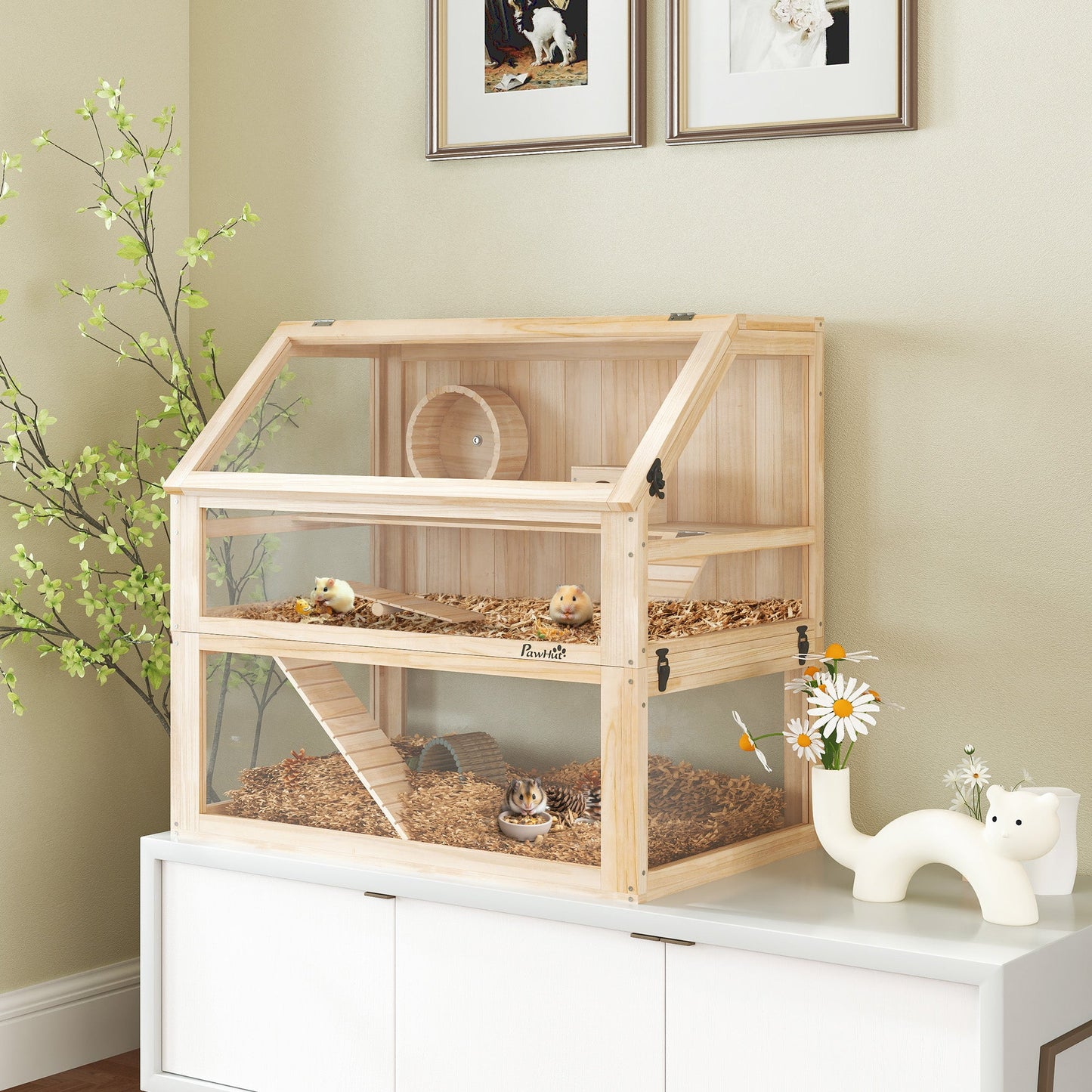 Wooden Hamster Cage, 3 Tier Small Gerbil Cage with Detachable 31cm Deep Bottom, Hut, Seesaw, Exercise Wheel, Ramps, Natural Wood Finish