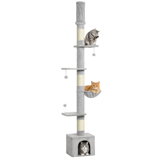 Floor to Ceiling Cat Tree, 230-250cm Multi-Level Cat Tower with Adjustable Height, Scratching Posts, Condo, Platforms and 3 Dangling Balls, Activity Tree for Indoor Kittens, Light Grey