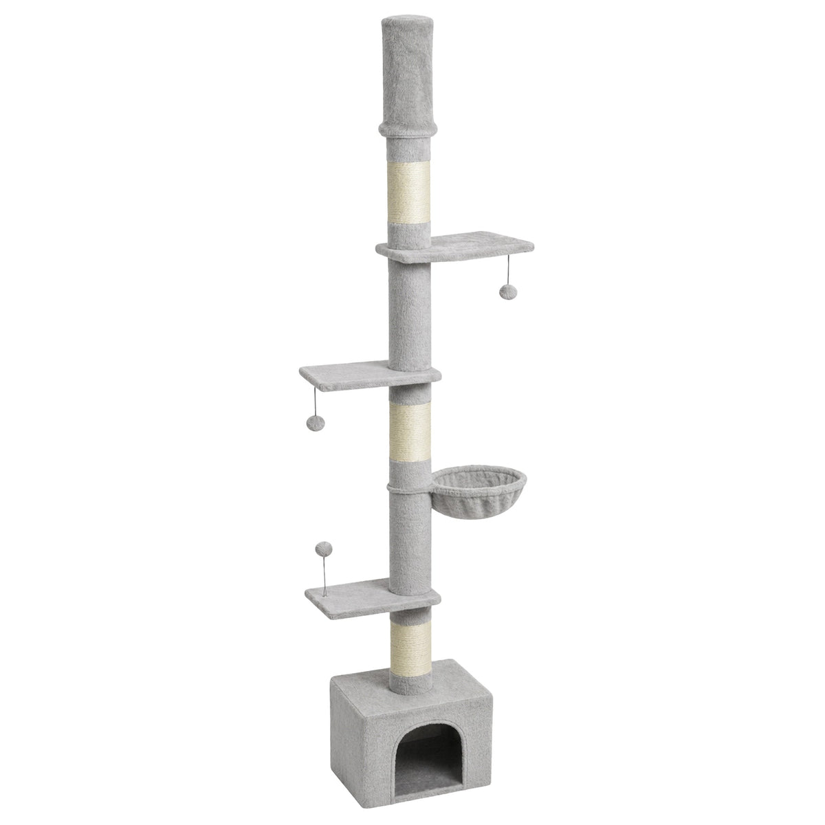 Floor to Ceiling Cat Tree, 230-250cm Multi-Level Cat Tower with Adjustable Height, Scratching Posts, Condo, Platforms and 3 Dangling Balls, Activity Tree for Indoor Kittens, Light Grey