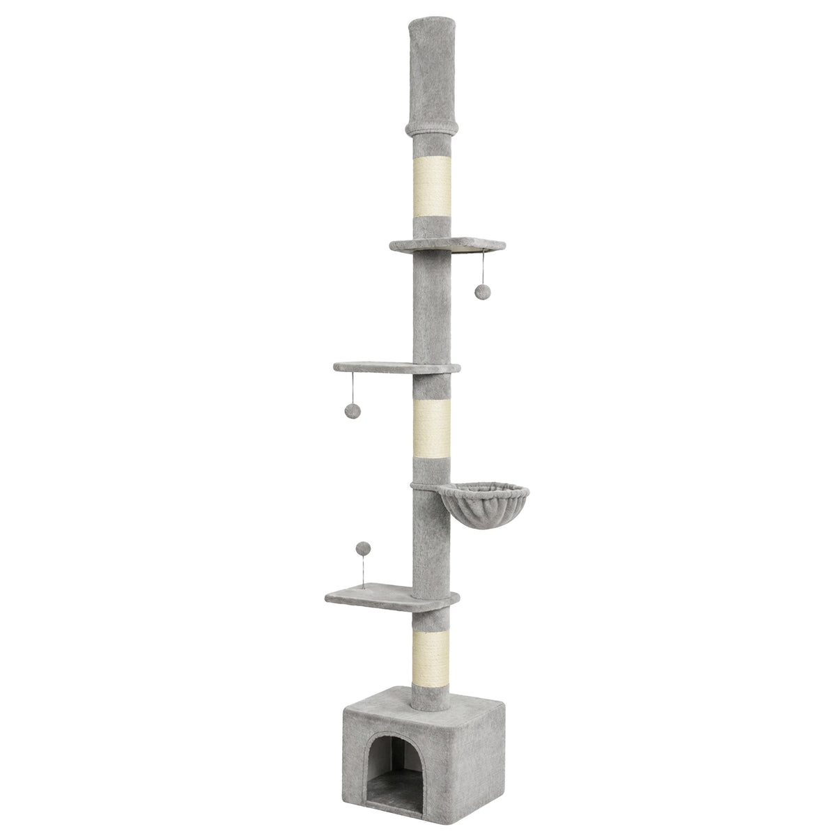 Floor to Ceiling Cat Tree, 230-250cm Multi-Level Cat Tower with Adjustable Height, Scratching Posts, Condo, Platforms and 3 Dangling Balls, Activity Tree for Indoor Kittens, Light Grey