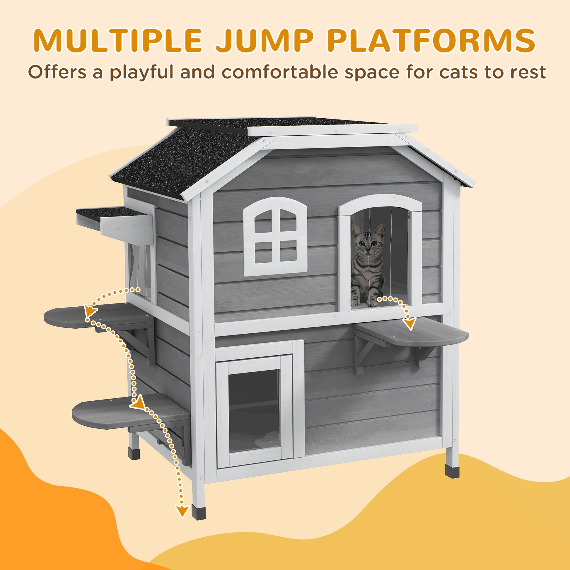  2-story Cat House Outdoor, Weatherproof Wooden Cat Enclosure for Feral Cats with Escape Door, Openable Roof, Jumping Platforms, Grey