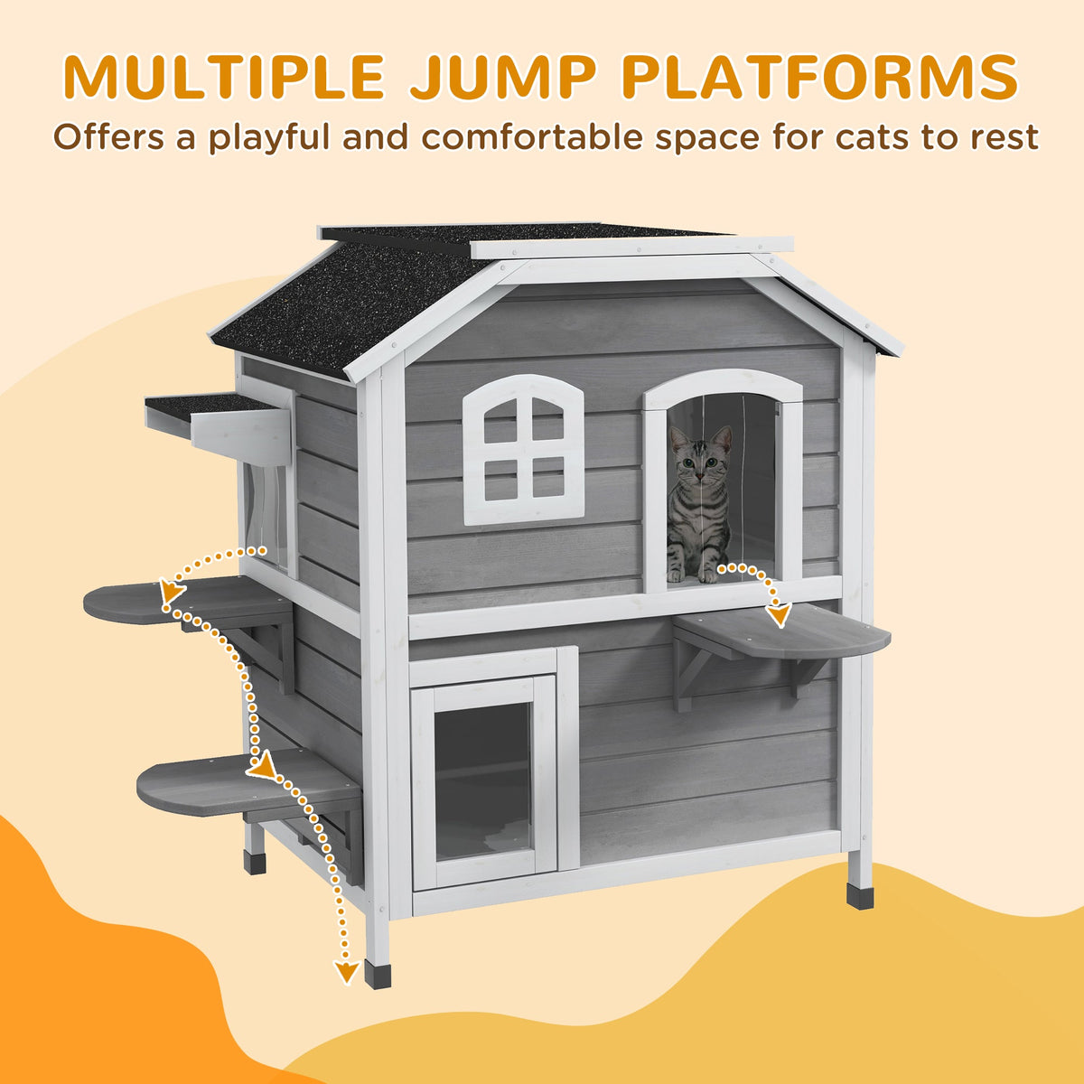  2-story Cat House Outdoor, Weatherproof Wooden Cat Enclosure for Feral Cats with Escape Door, Openable Roof, Jumping Platforms, Grey
