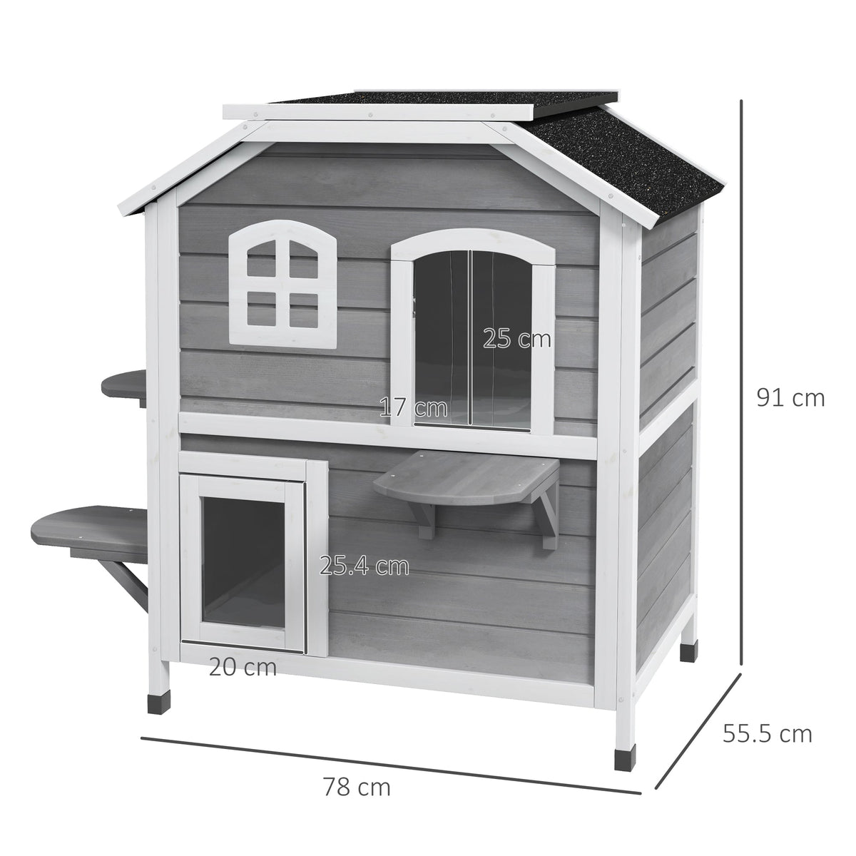  2-story Cat House Outdoor, Weatherproof Wooden Cat Enclosure for Feral Cats with Escape Door, Openable Roof, Jumping Platforms, Grey