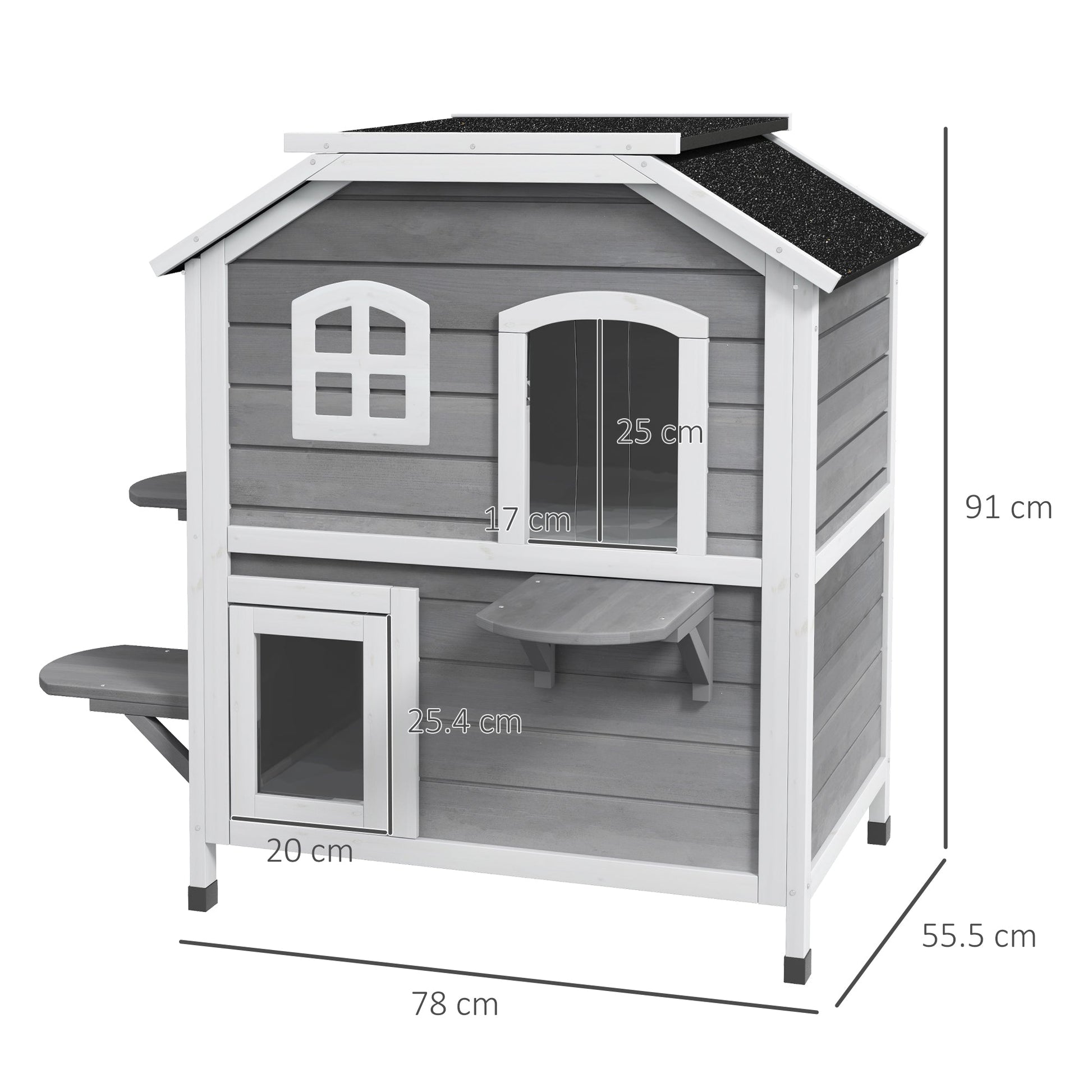  2-story Cat House Outdoor, Weatherproof Wooden Cat Enclosure for Feral Cats with Escape Door, Openable Roof, Jumping Platforms, Grey