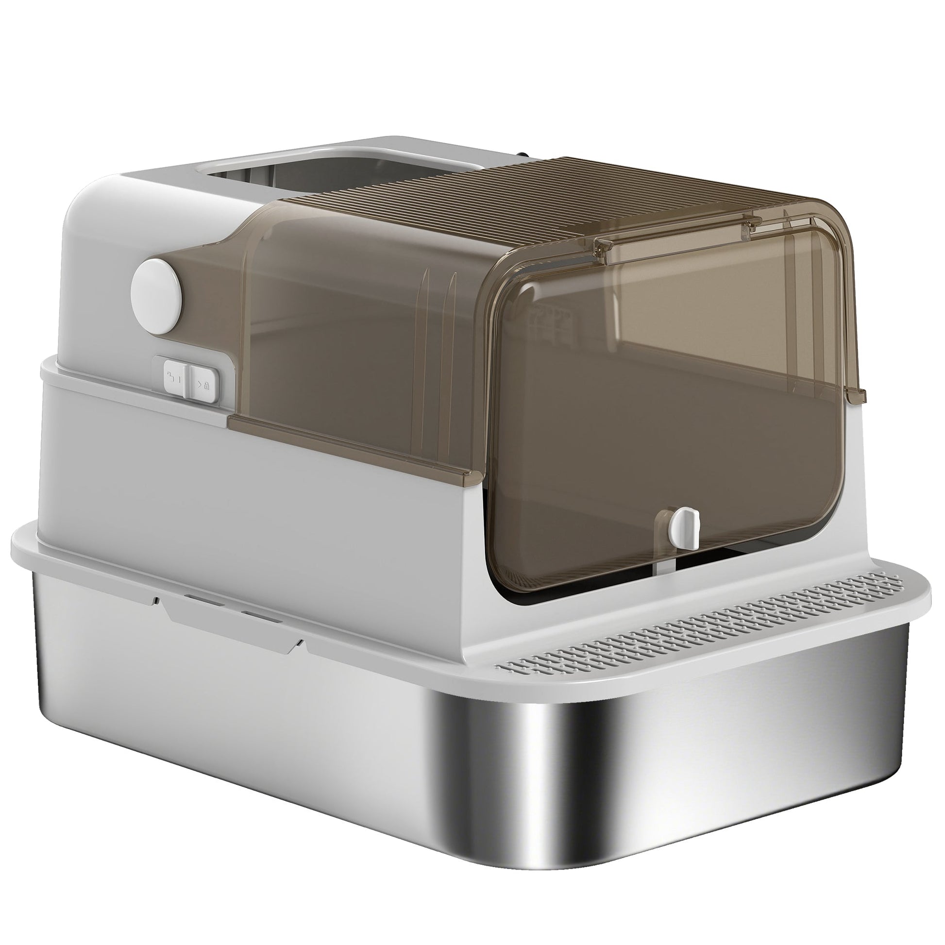 XXL Stainless Steel Cat Litter Tray, Enclosed Cat Litter Box with 90° Flip Cover, Double Doors, Scoop, Easy Clean, Odor Control, Anti-Leaking, Non-Sticky, Grey