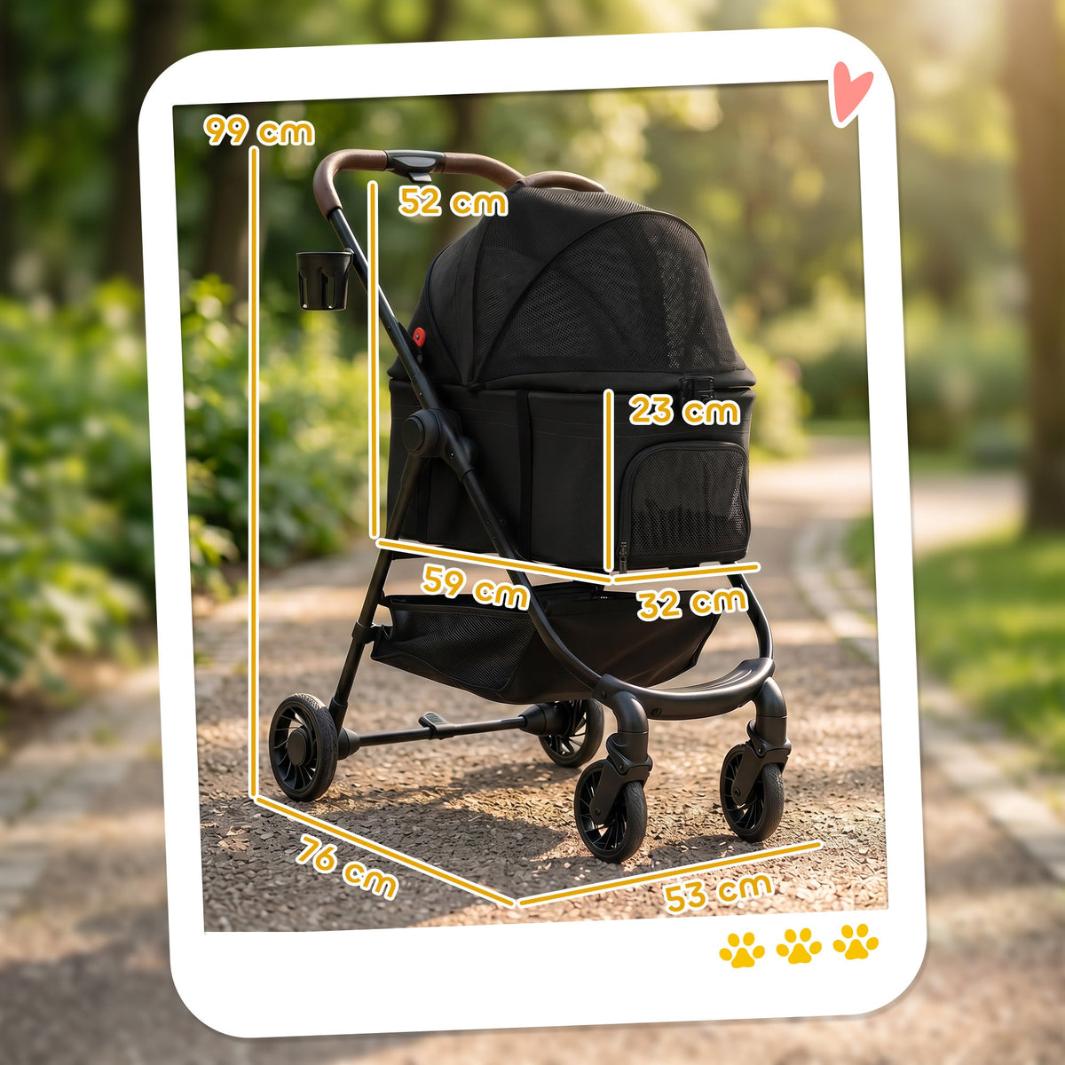 Dog Stroller, 3 in 1 Foldable Pet Stroller for Small Puppy Cat with Detachable Travel Carrier, 4 Wheels Dog Pram with Storage Basket, Seat Leashes, Mesh Window, Black