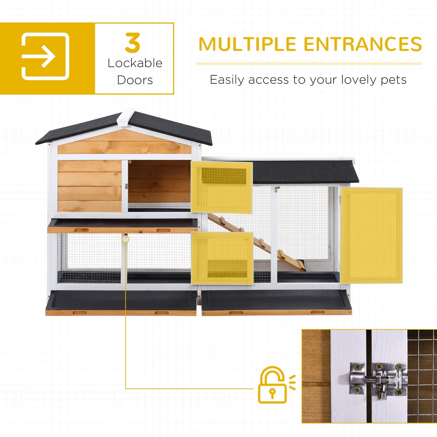 Rabbit Hutch Guinea Pig Hutch Wooden House with Run, 2 Tier Pet Cage Outdoor with No-leak Plastic Trays, 157.4 x 53 x 93.5cm, Yellow