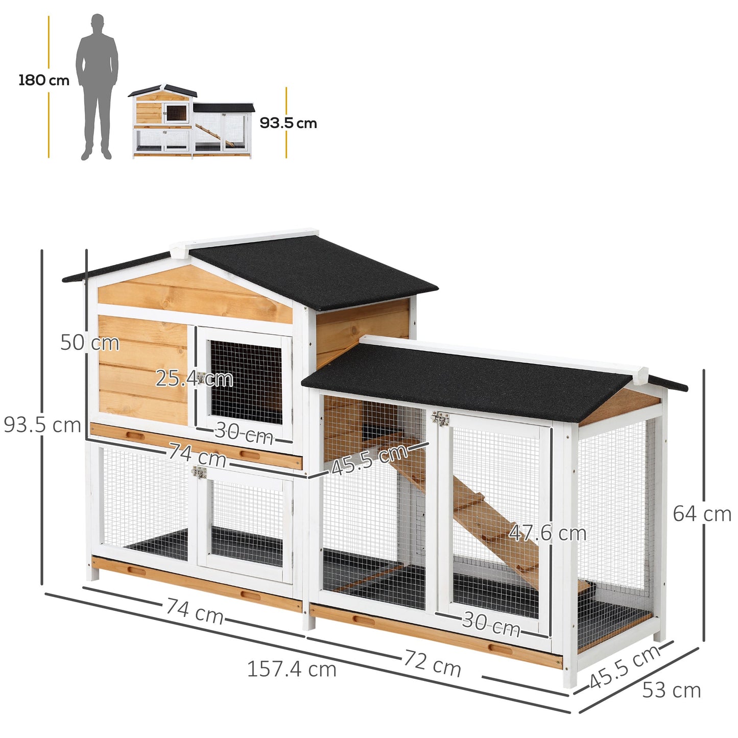 Rabbit Hutch Guinea Pig Hutch Wooden House with Run, 2 Tier Pet Cage Outdoor with No-leak Plastic Trays, 157.4 x 53 x 93.5cm, Yellow