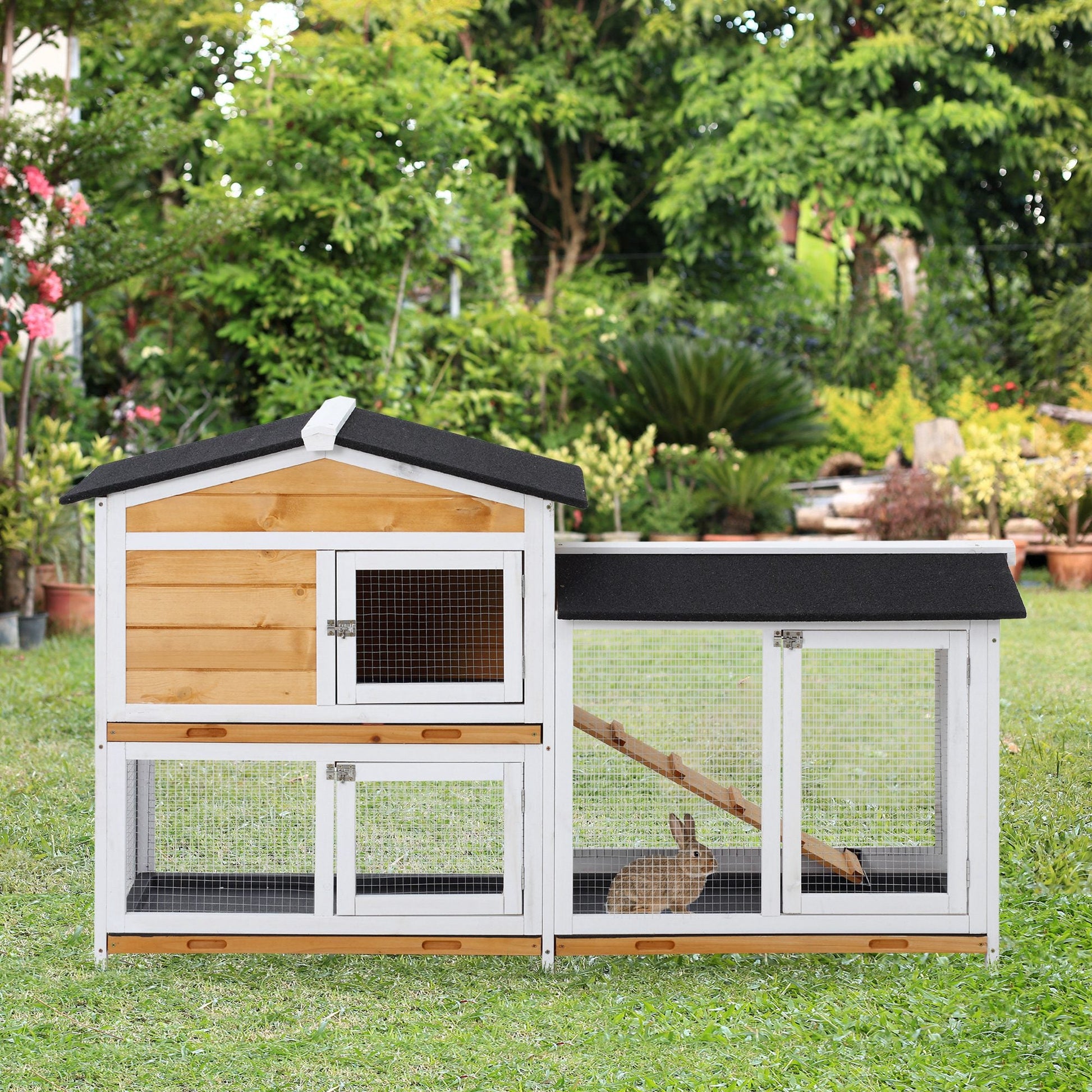 Rabbit Hutch Guinea Pig Hutch Wooden House with Run, 2 Tier Pet Cage Outdoor with No-leak Plastic Trays, 157.4 x 53 x 93.5cm, Yellow