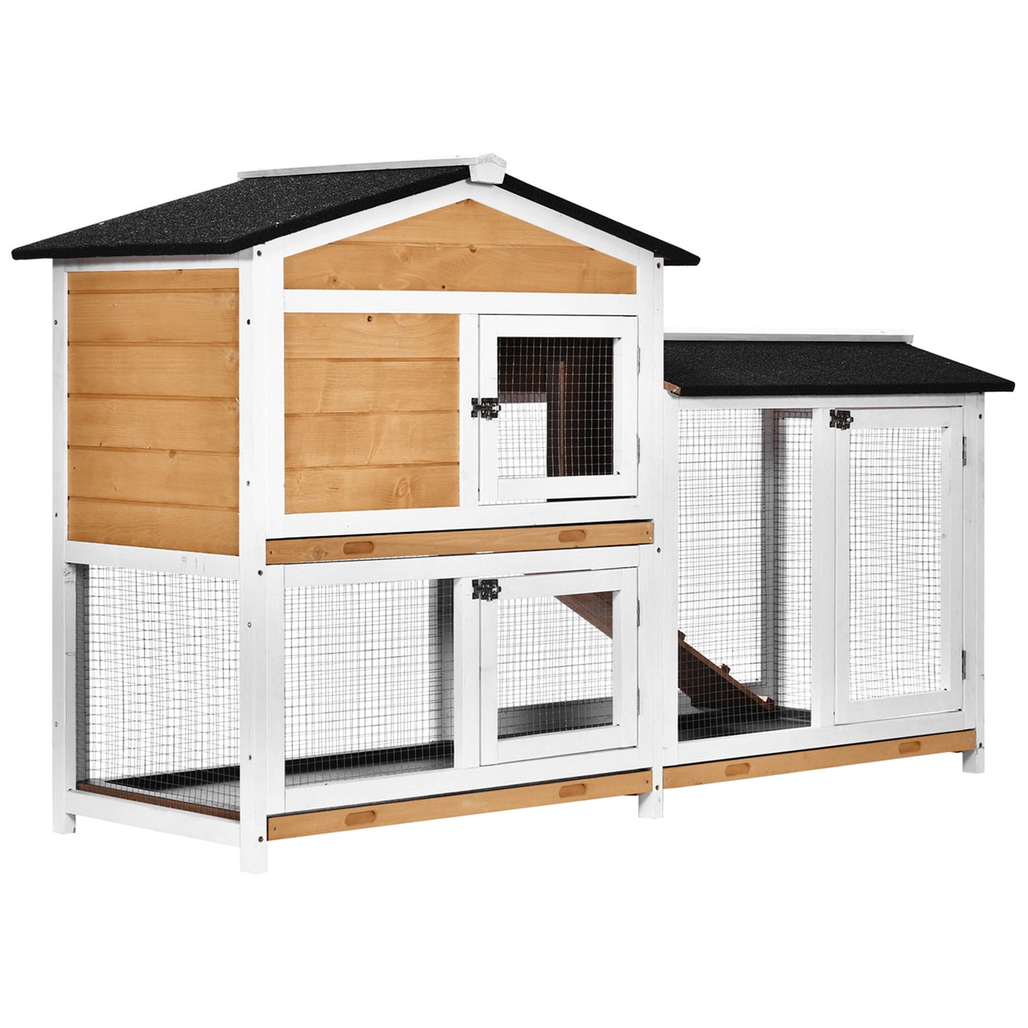 Rabbit Hutch Guinea Pig Hutch Wooden House with Run, 2 Tier Pet Cage Outdoor with No-leak Plastic Trays, 157.4 x 53 x 93.5cm, Yellow