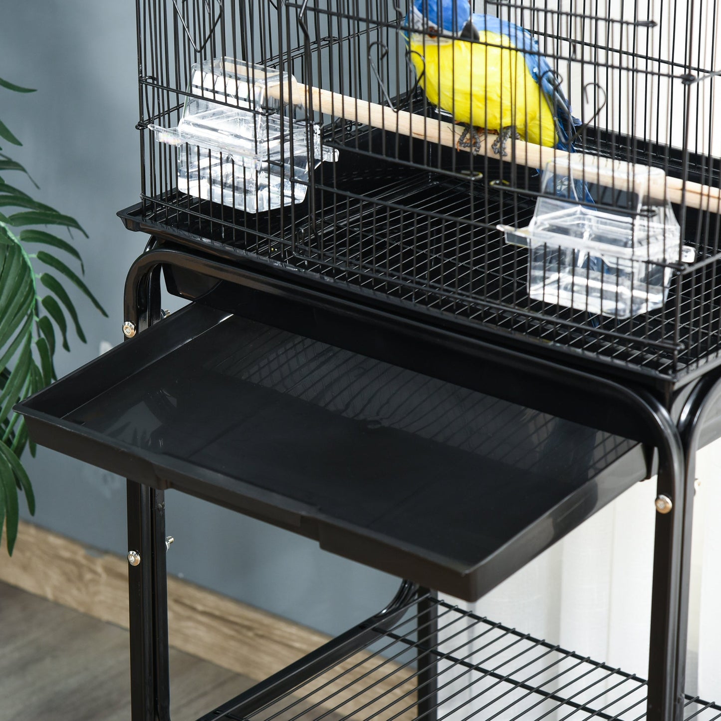 Bird Cage Budgie Cages for Finch Canary Parakeet with Stand Wheels Slide-out Tray Accessories Storage Shelf, Black 46.5 x 36 x 157 cm