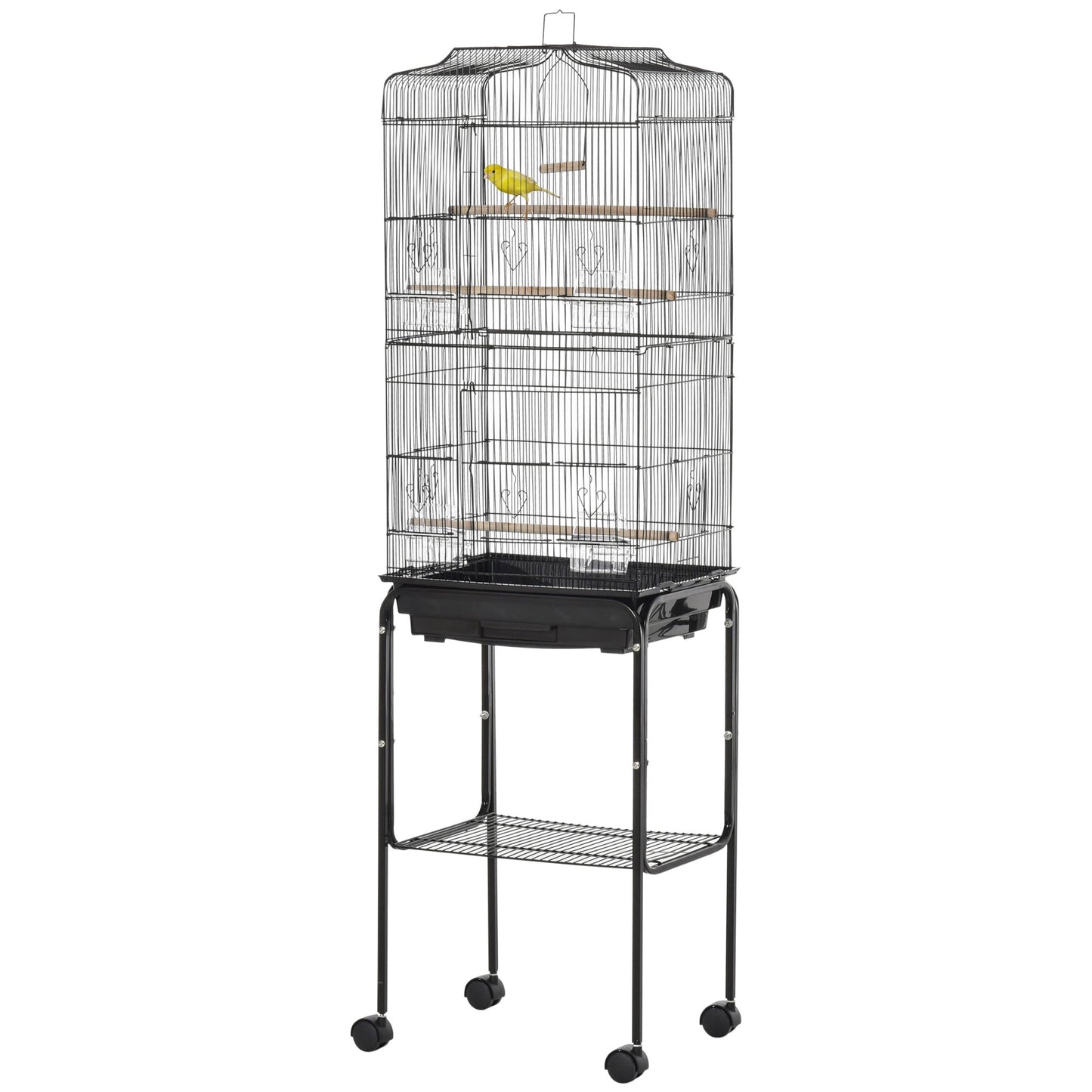 Bird Cage Budgie Cages for Finch Canary Parakeet with Stand Wheels Slide-out Tray Accessories Storage Shelf, Black 46.5 x 36 x 157 cm