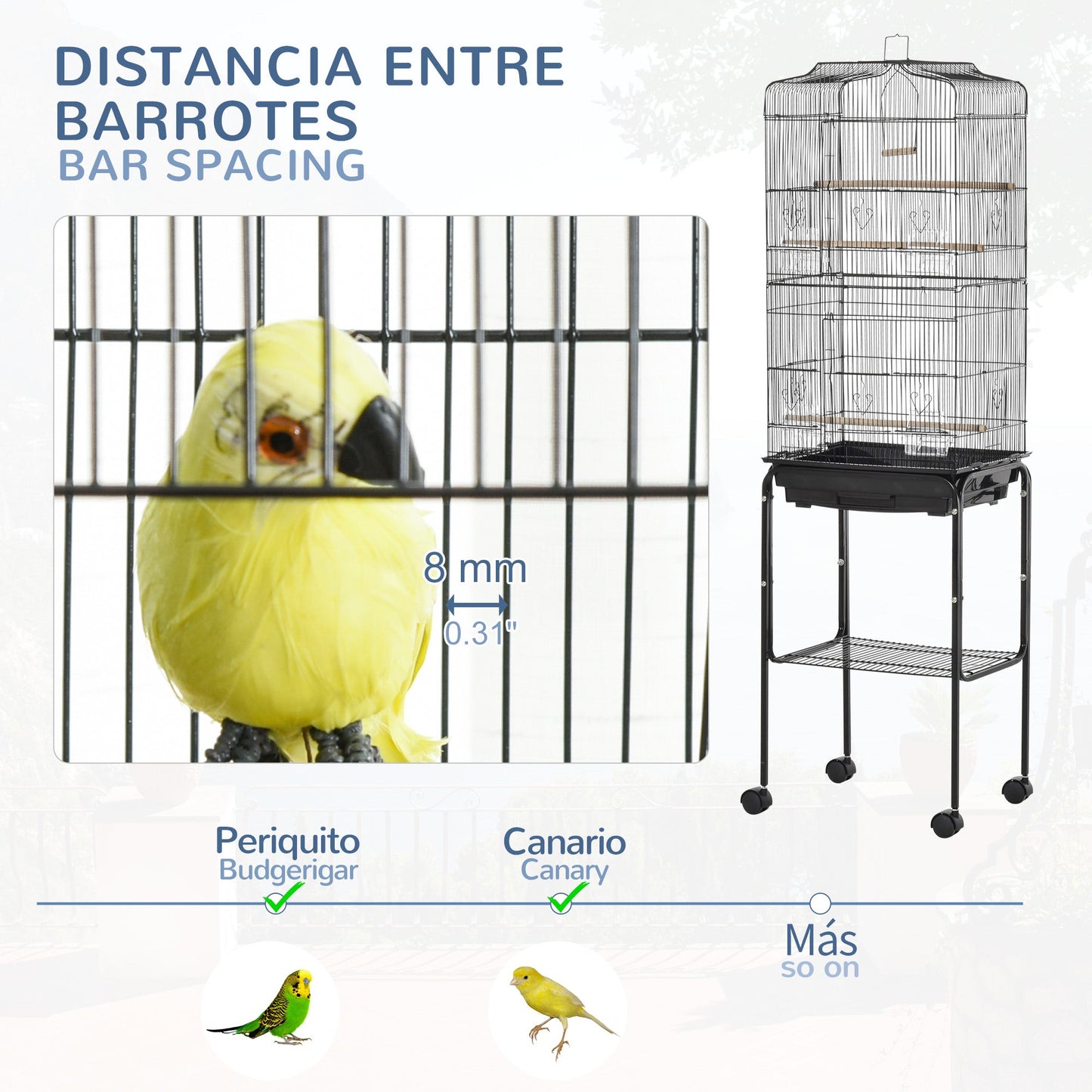 Bird Cage Budgie Cages for Finch Canary Parakeet with Stand Wheels Slide-out Tray Accessories Storage Shelf, Black 46.5 x 36 x 157 cm