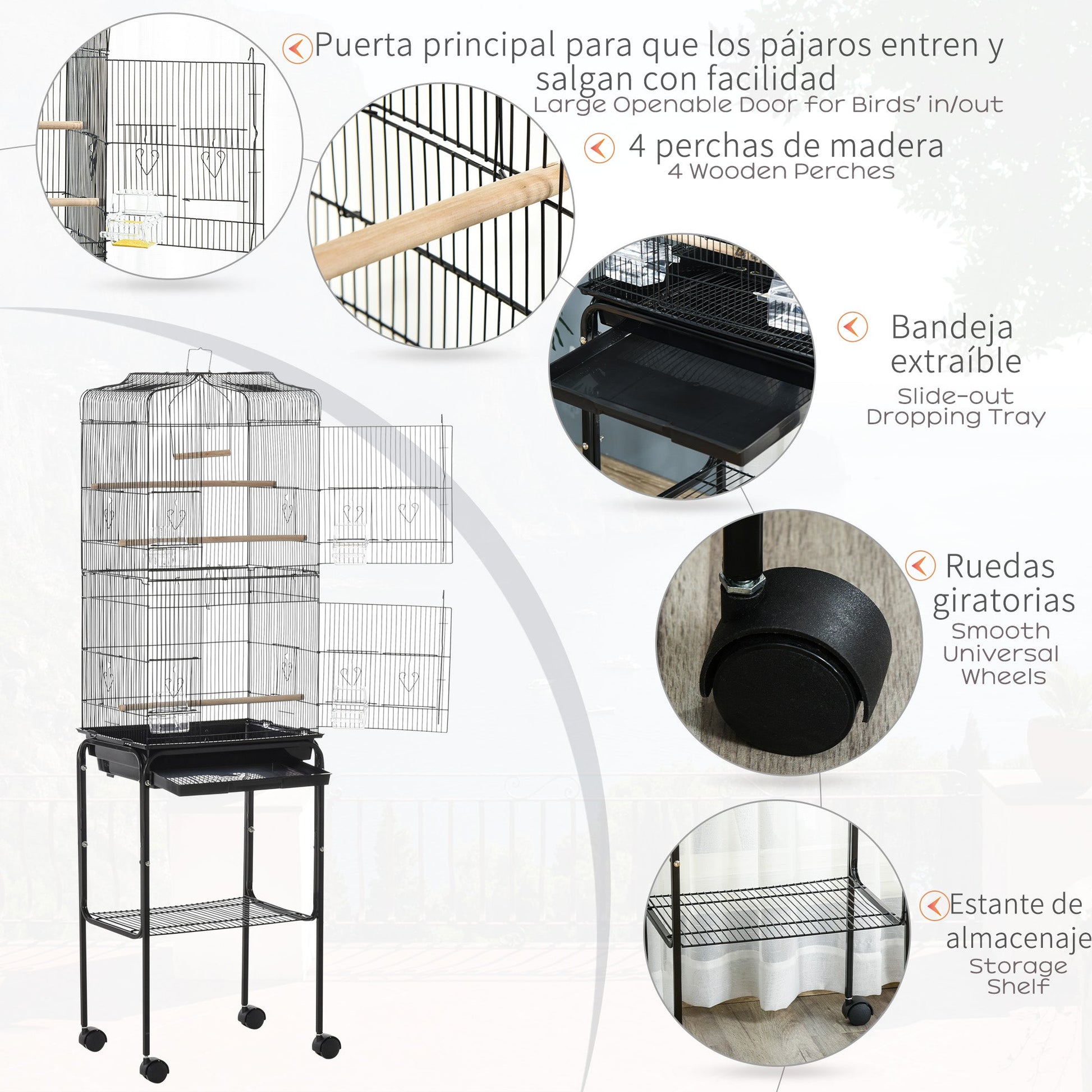 Bird Cage Budgie Cages for Finch Canary Parakeet with Stand Wheels Slide-out Tray Accessories Storage Shelf, Black 46.5 x 36 x 157 cm