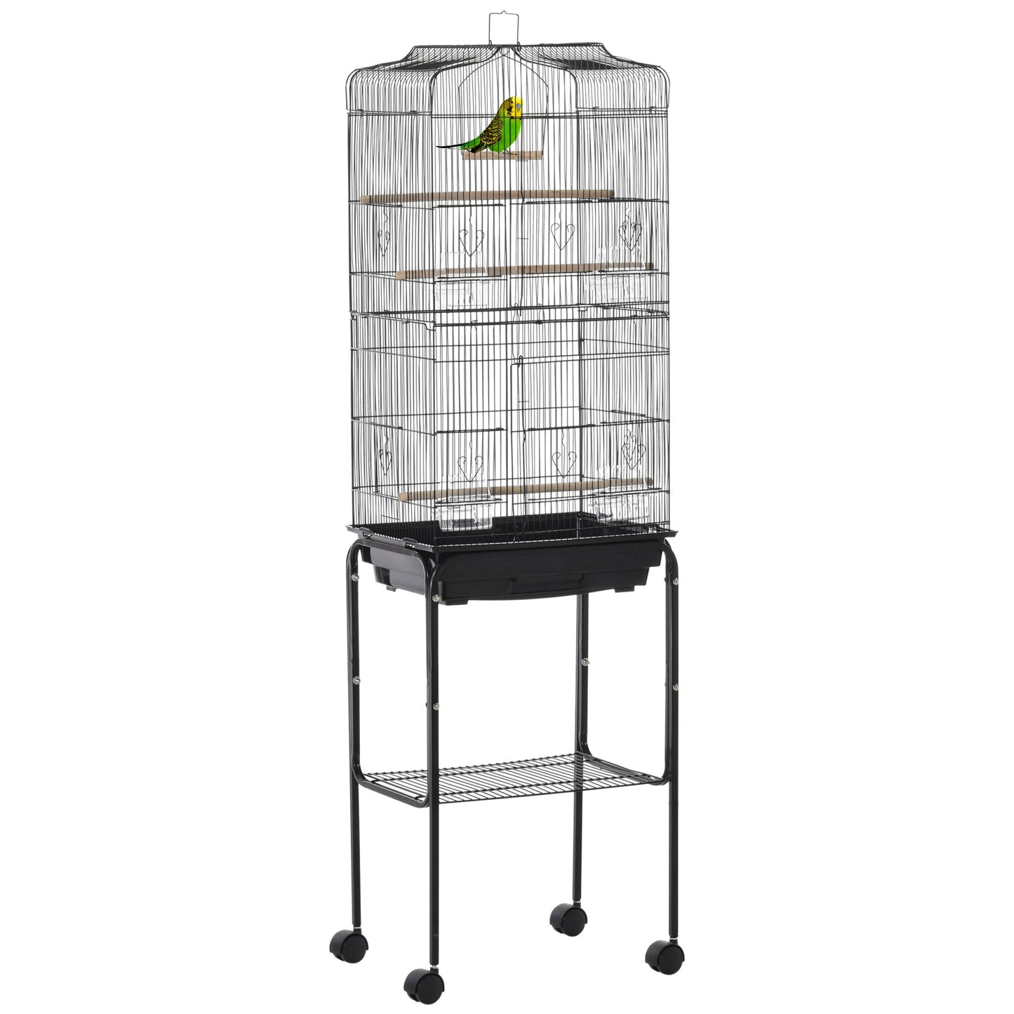 Bird Cage Budgie Cages for Finch Canary Parakeet with Stand Wheels Slide-out Tray Accessories Storage Shelf, Black 46.5 x 36 x 157 cm