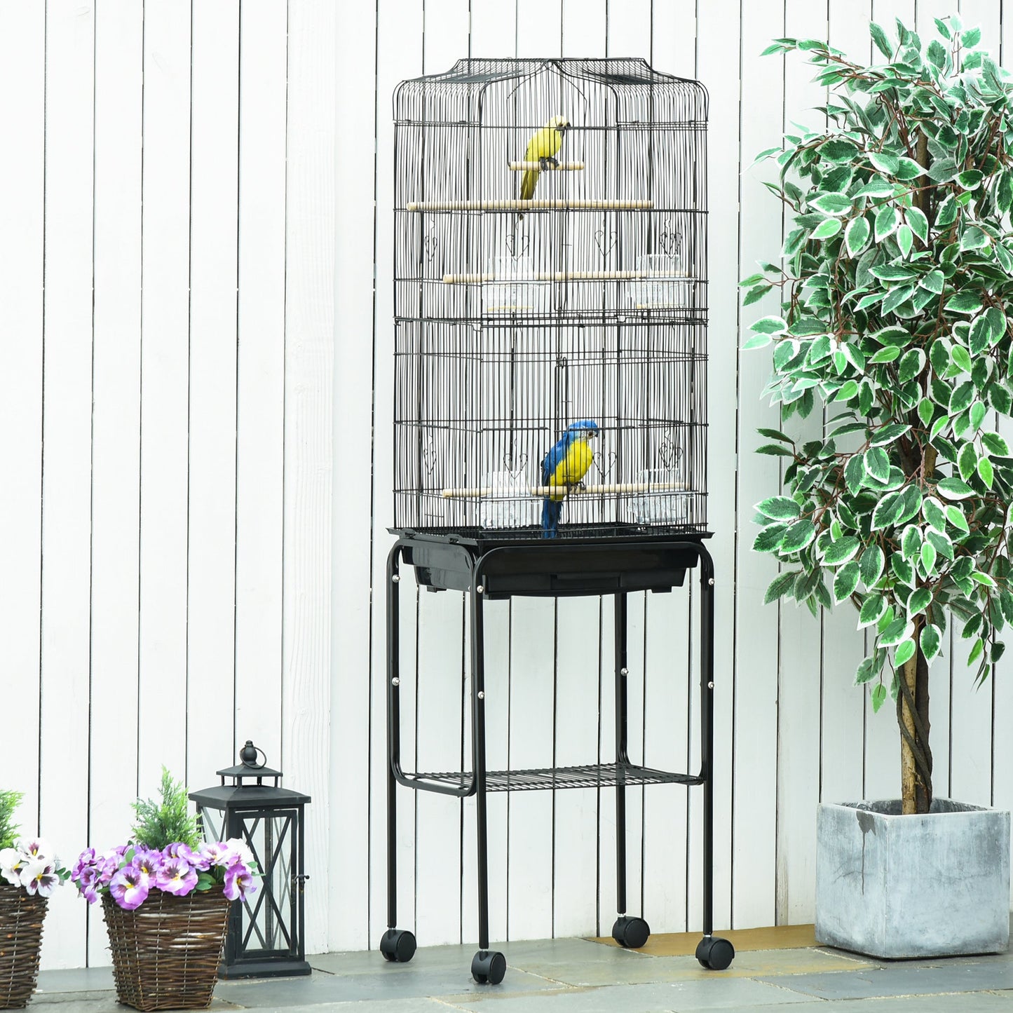 Bird Cage Budgie Cages for Finch Canary Parakeet with Stand Wheels Slide-out Tray Accessories Storage Shelf, Black 46.5 x 36 x 157 cm