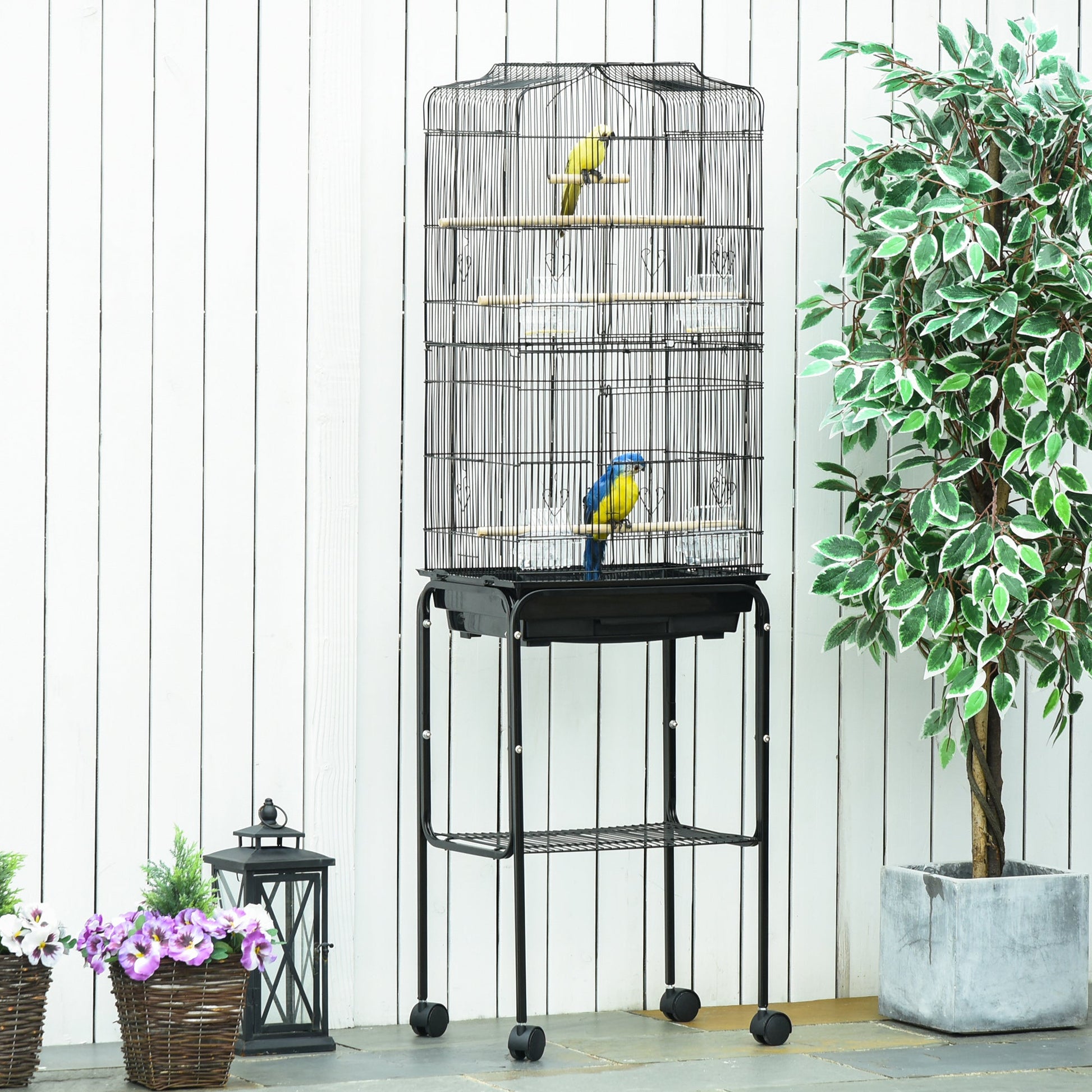 Bird Cage Budgie Cages for Finch Canary Parakeet with Stand Wheels Slide-out Tray Accessories Storage Shelf, Black 46.5 x 36 x 157 cm
