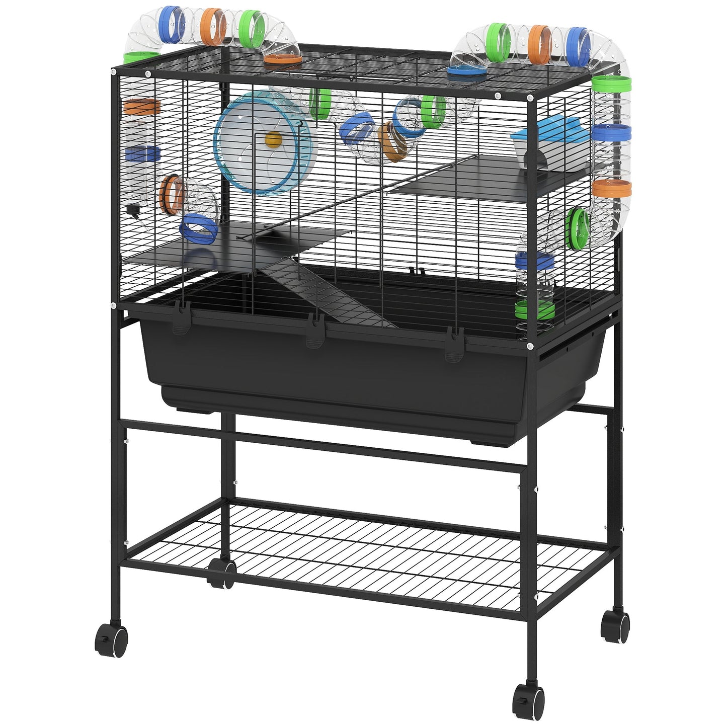 Hamster Cage, 3 Tier Large Gerbil Cage on Wheels with 17 cm Deep Tray, Storage Shelf, Big Exercise Wheel, Tube System, Hut, Platforms, Ramps, Food Dish, Water Bottle, for Syrian Hamsters, Rats